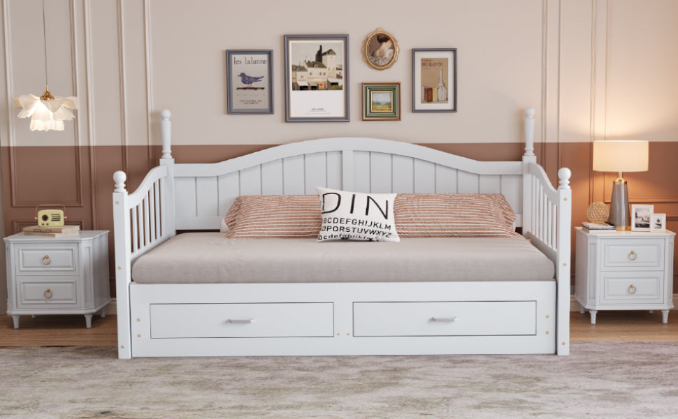 Sofa Bed, Pull-Out Multifunctional with Drawers & Slatted Frame, Pinewood White