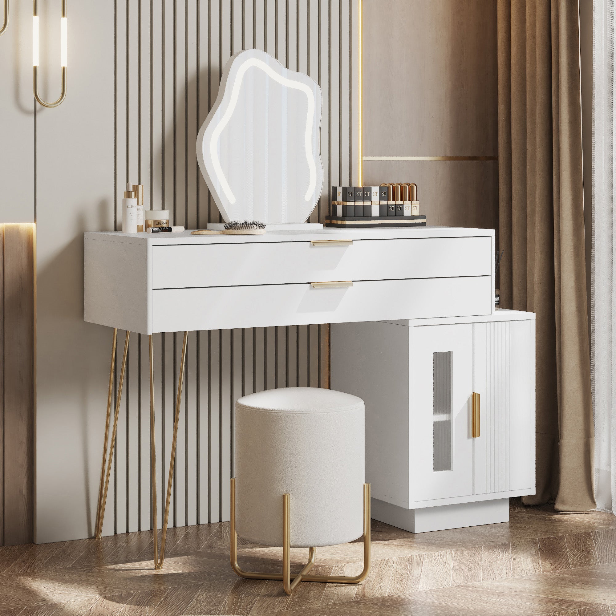 Dressing table with LED-lit mirror, extendable design, white