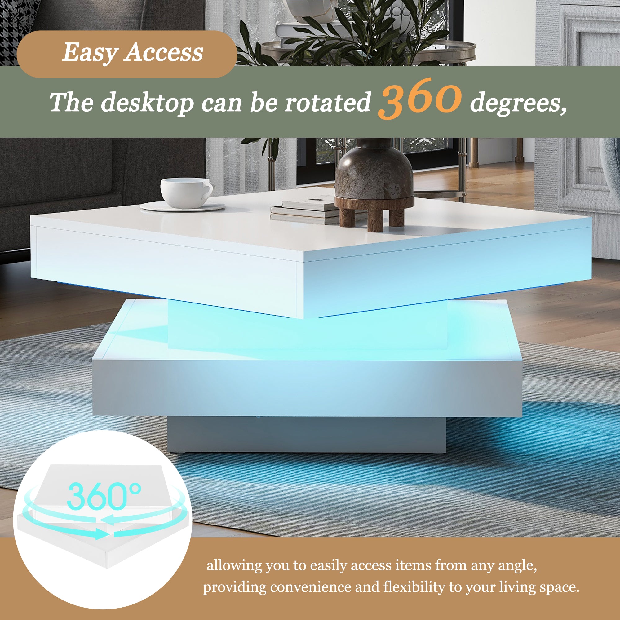 Modern Square Coffee Table with Rotating Top and LED Light, High-Gloss White