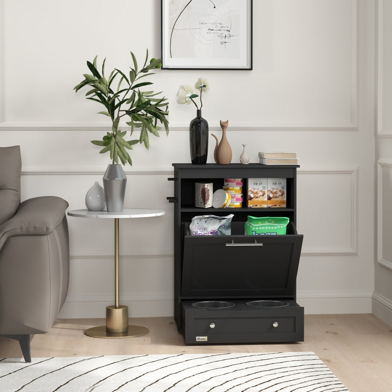 Pet Feeder Station with Raised Bowls, Storage Container, Hanger, Cabinet - Black