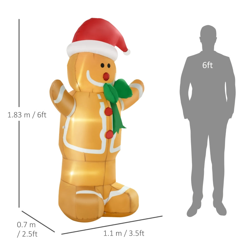 6ft Gingerbread Man Inflatable with Santa Hat and LED Lights, Outdoor Polyester