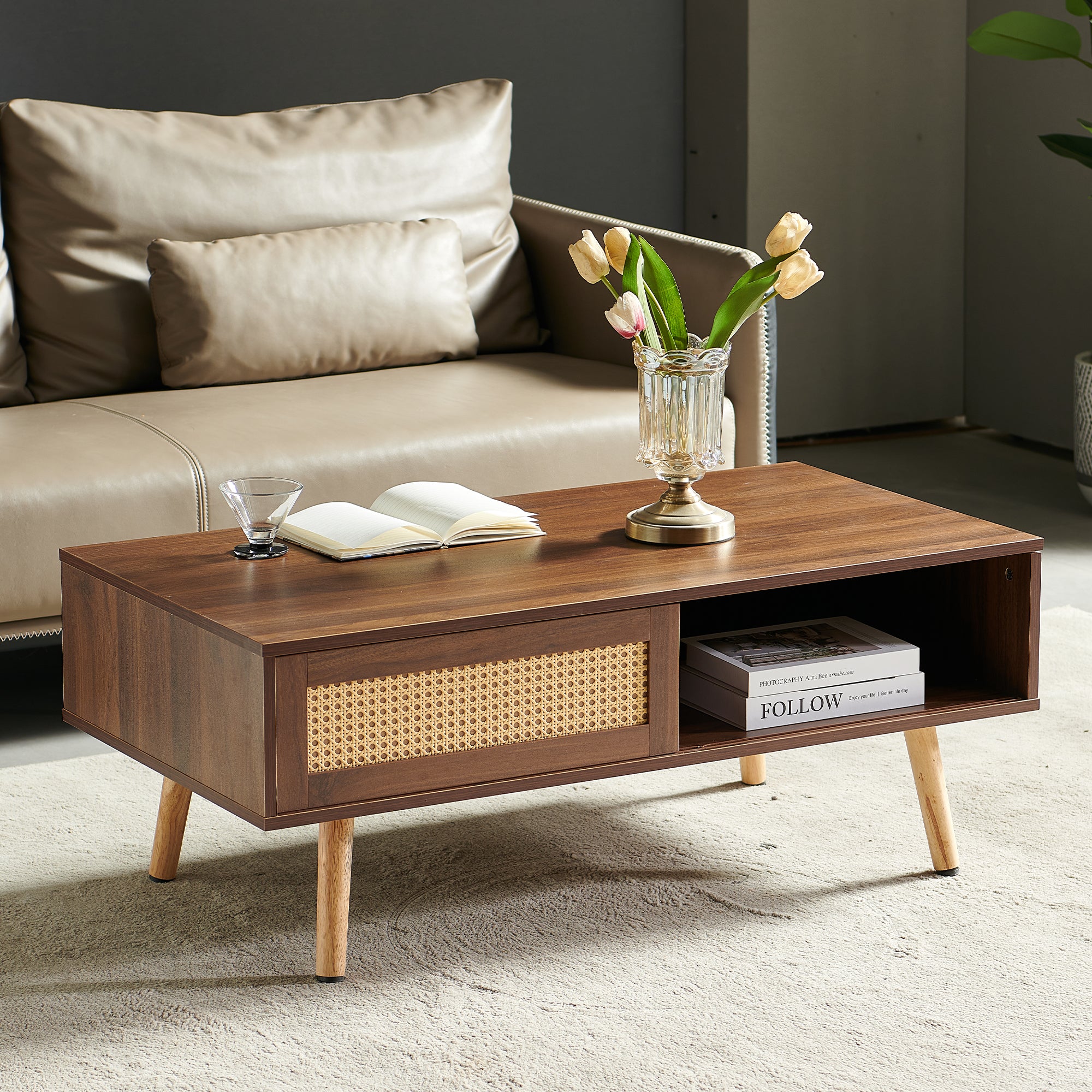 Wicker Coffee Table Sliding Doors Solid Wood Legs Dark Walnut Wood
