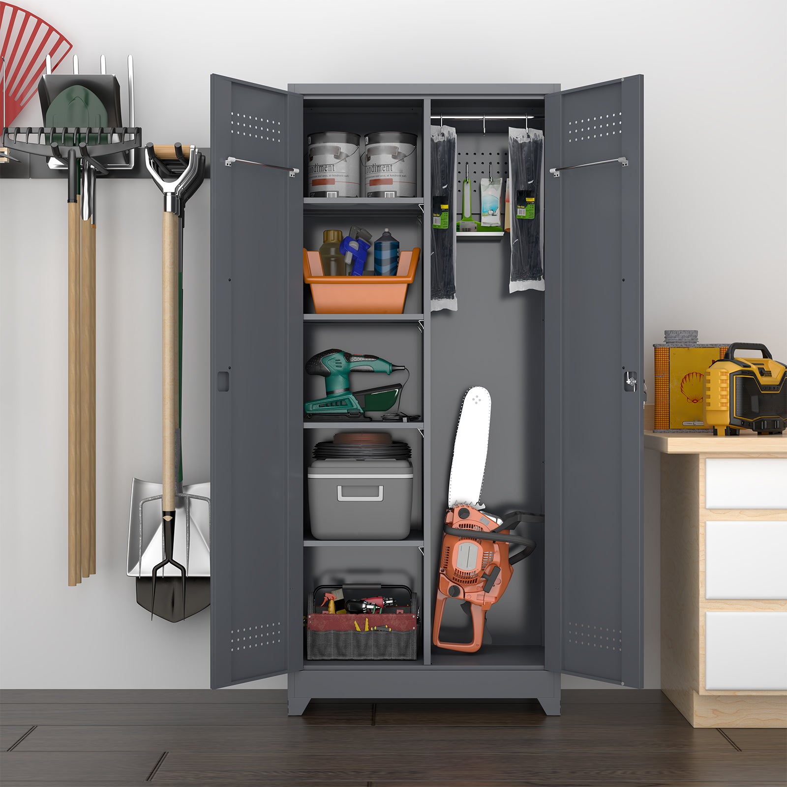 Broom Storage Cabinet with Locking Doors, Shelves and Hanging Rod, 65" H, Metal