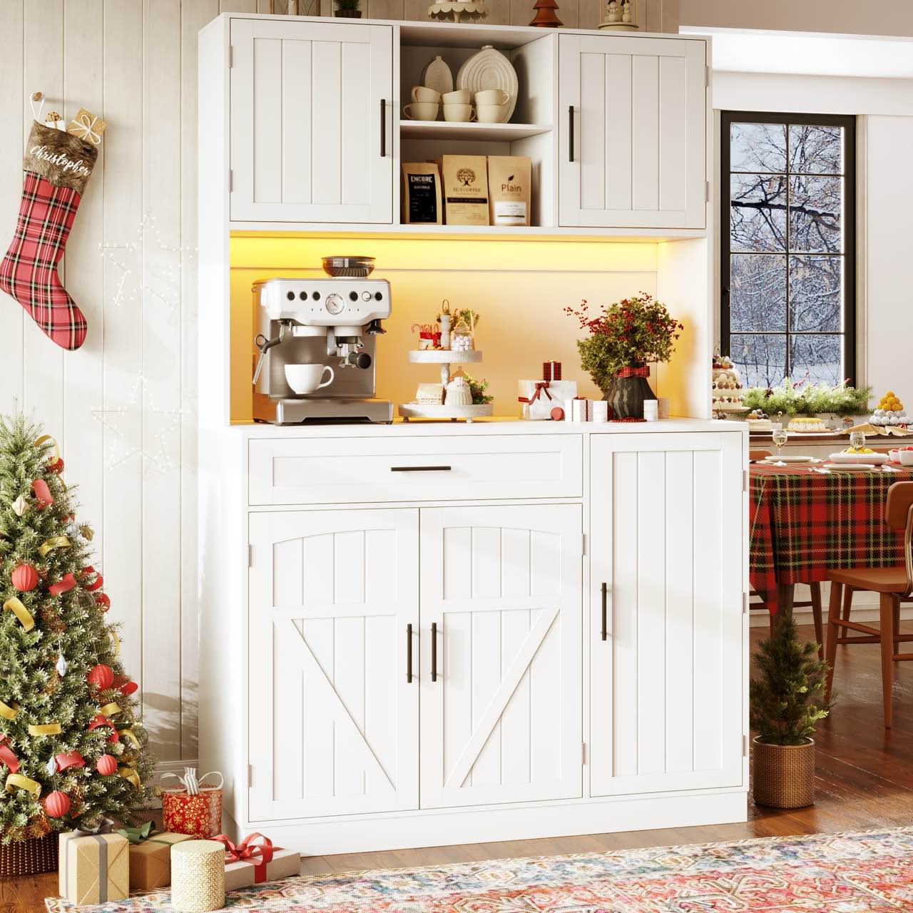 Tall Kitchen Sideboard with LED Strip and Built-in Socket, White