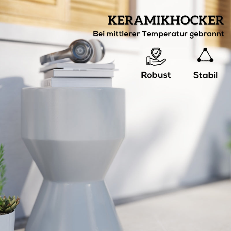 Ceramic Stool, Hourglass Shape, Weatherproof, Light Grey