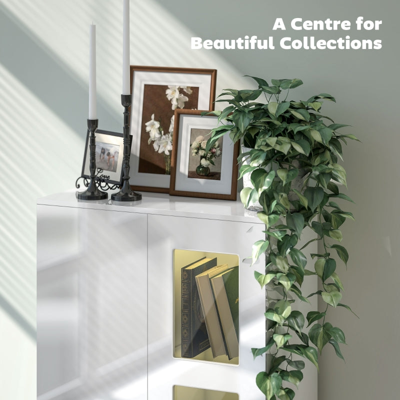 High Gloss Sideboard Display Cabinet with RGB LED Lights, Glass Doors and Shelves, White