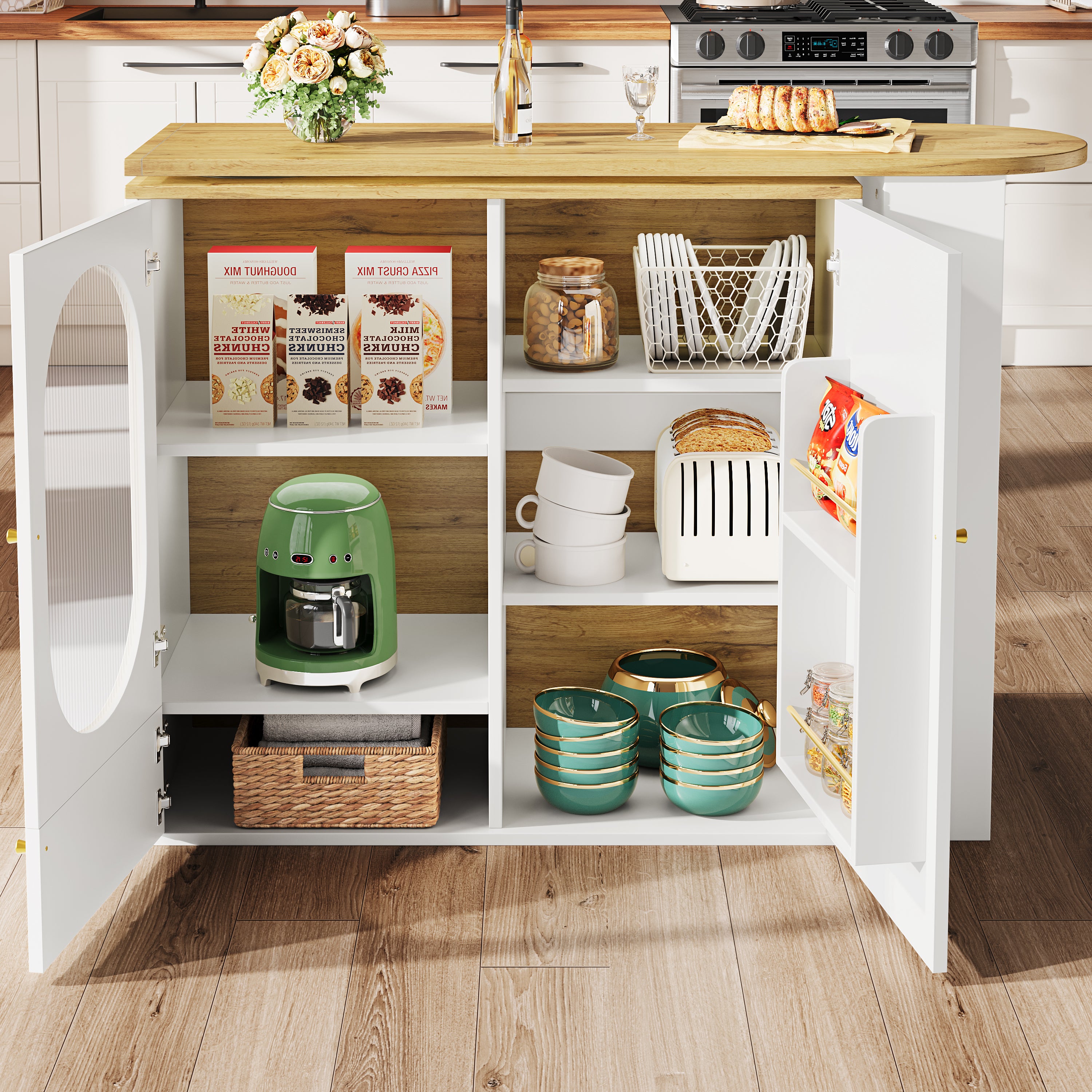 360° Rotating Bar Table Kitchen Island Storage Cabinet - White/Black