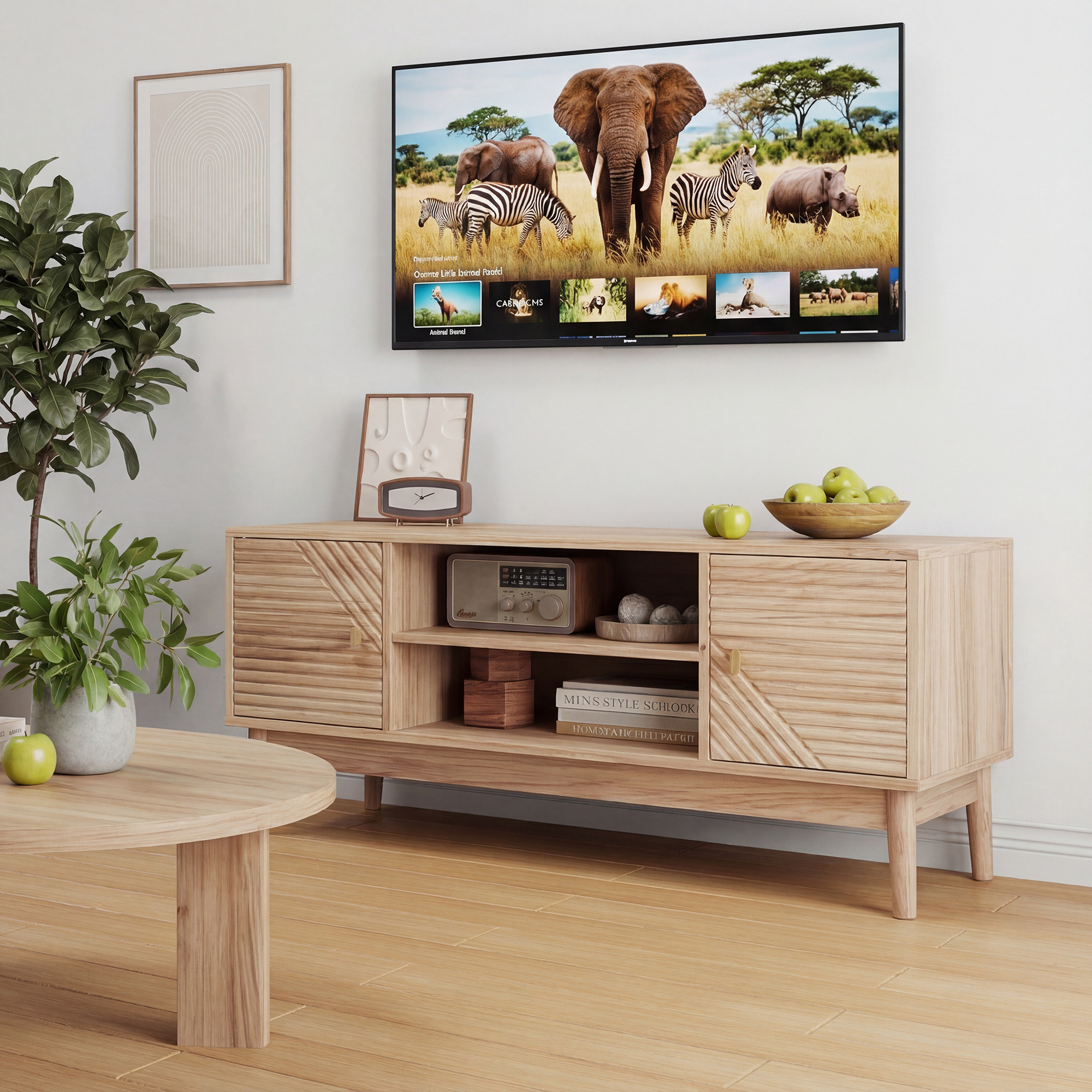 TV Stand 110cm High Mid-Century Modern Storage Media Console - Oak Color
