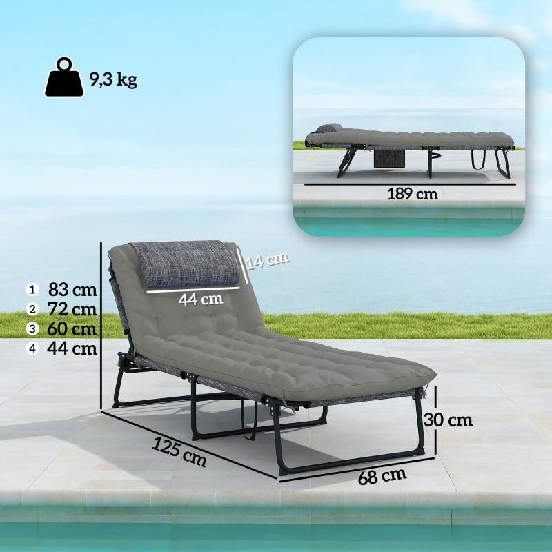 Sun Lounger 4-Position Adjustable Backrest Cushion Side Pocket - Grey