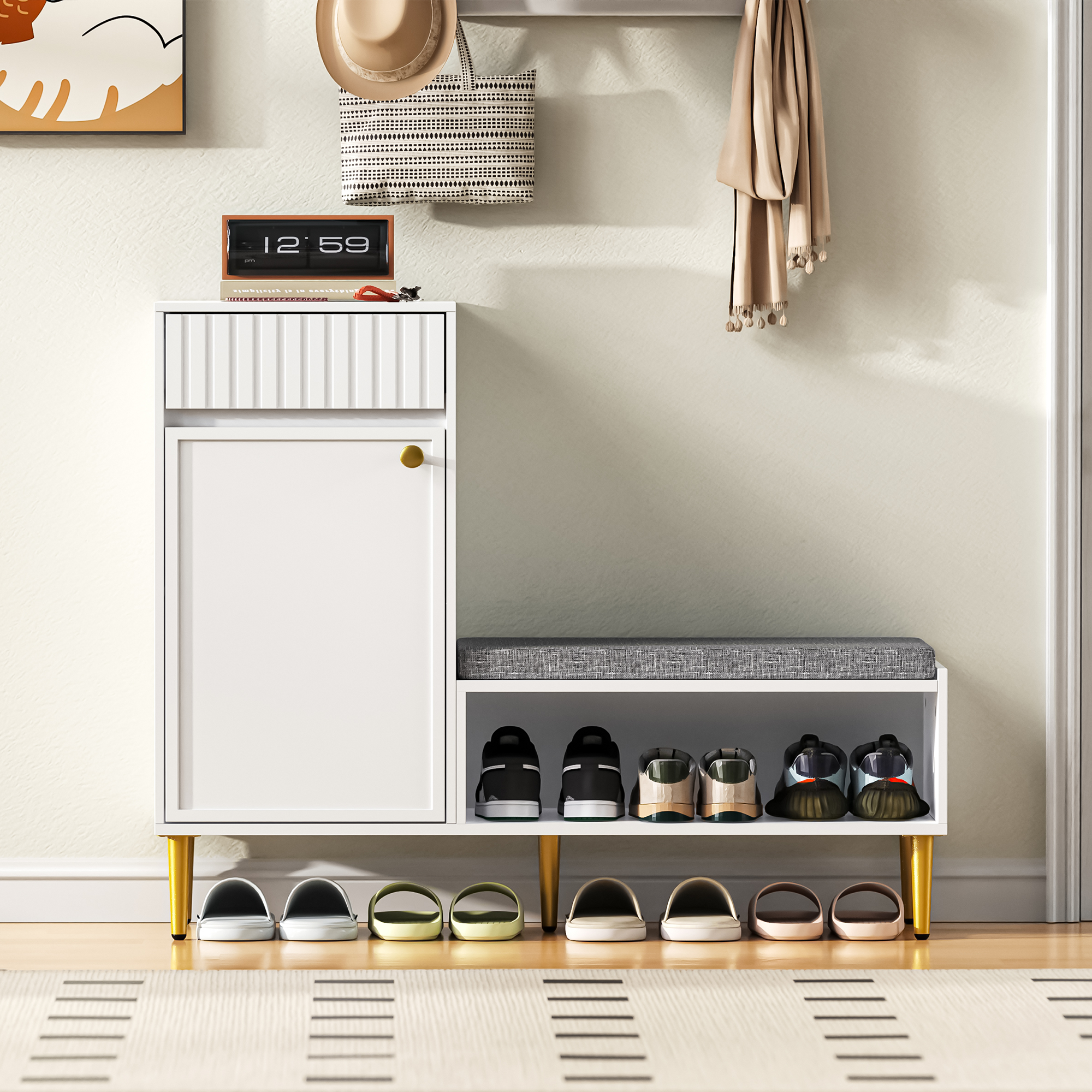 Shoe Cabinet with Bench, Upholstered, 1 Door 1 Drawer 1 Open Shelf, White