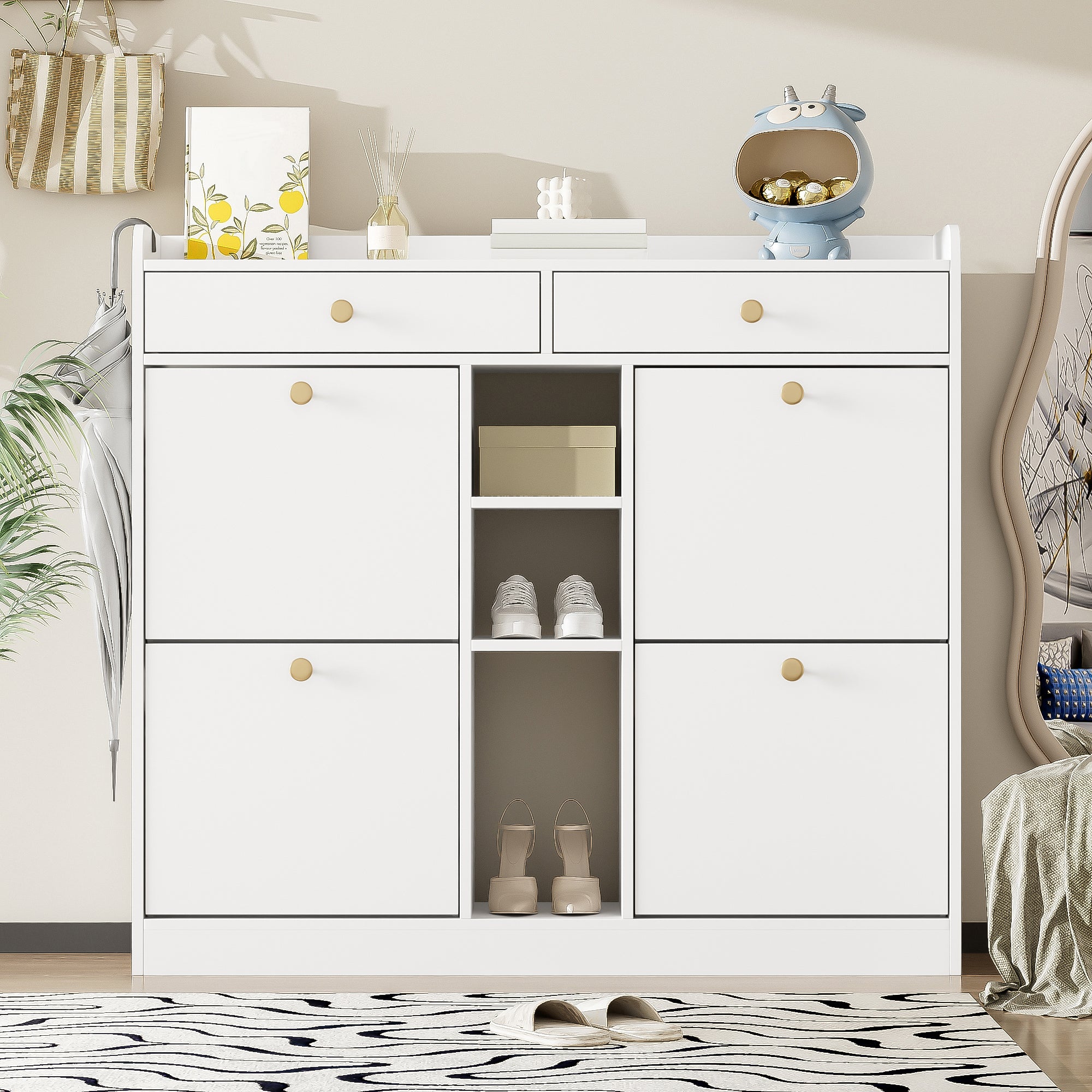 Shoe Cabinet with 4 Hinged Doors, 2 Drawers, 3 Open Compartments, White