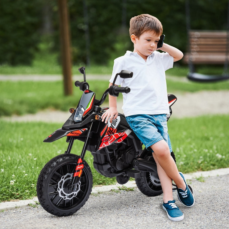 12V Aprilia Kids Motorbike with Training Wheels, Suspension, LED Headlight, USB, Music, Red/Black