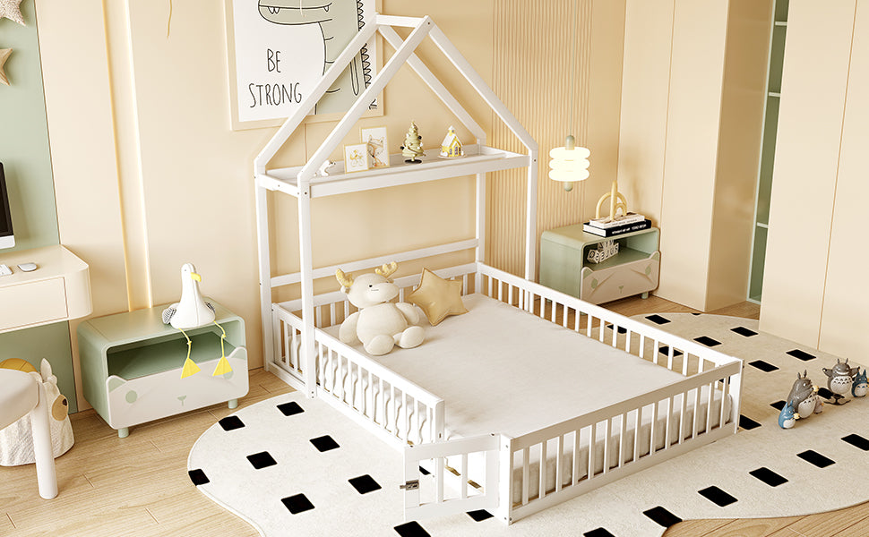 Children's Bed 140x200, Solid Wood Frame with Storage & Safety Gate, White