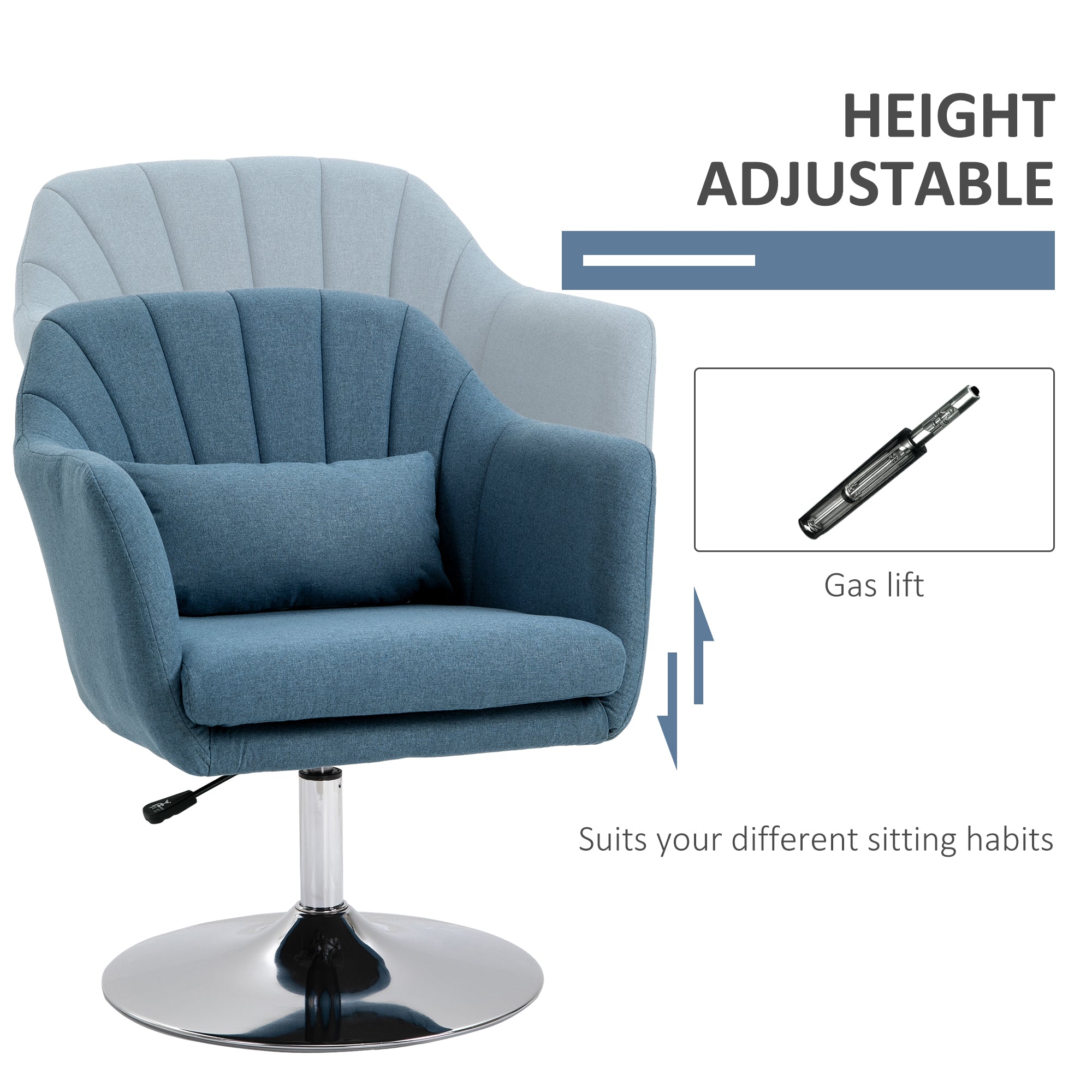Swivel Accent Chair, Adjustable Height Thick Cushion Lumbar Support, Linen Fabric Blue