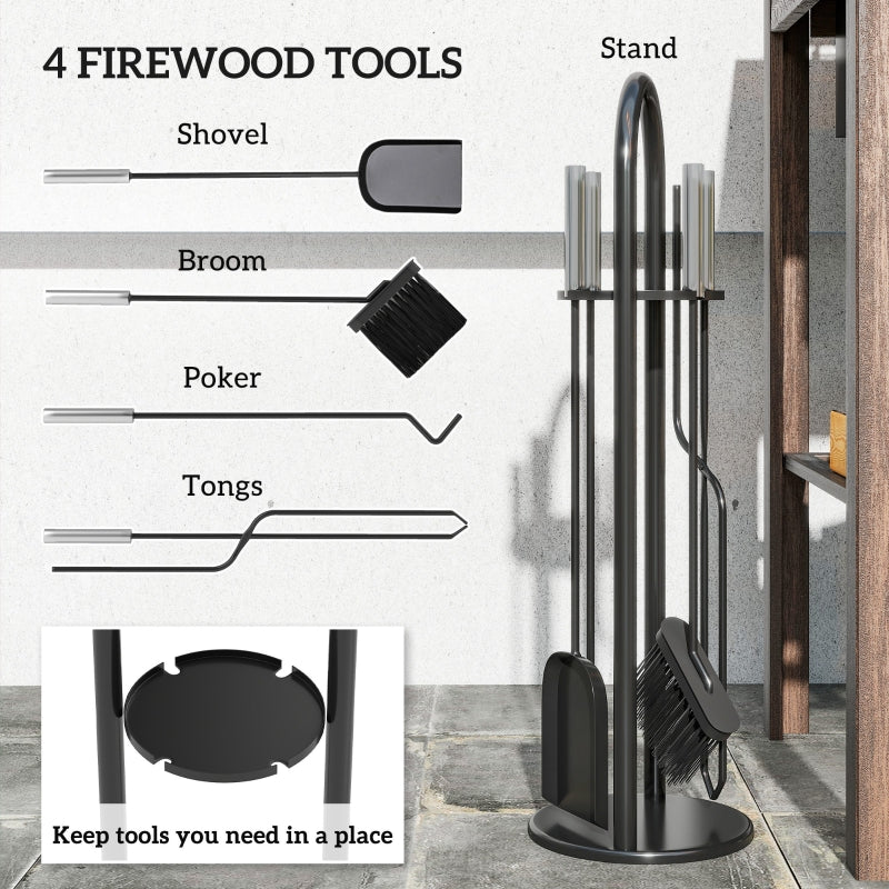 5 Pieces Fireplace Tool Set with Broom, Shovel, Poker, Tongs, and Stand - Silver Metal