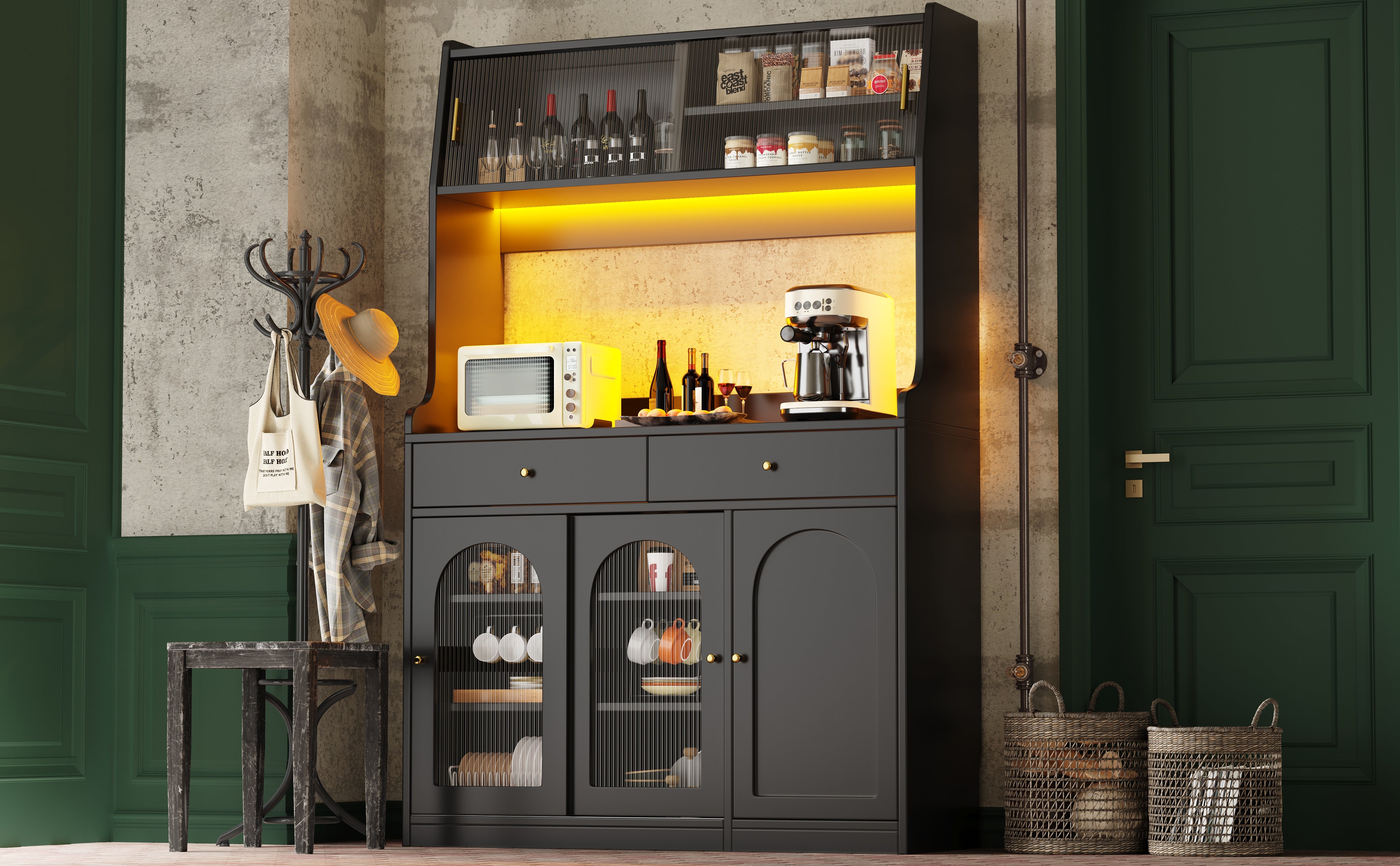 Tall Cabinet Sideboard with LED Adjustable Shelves & 2 Drawers - Black