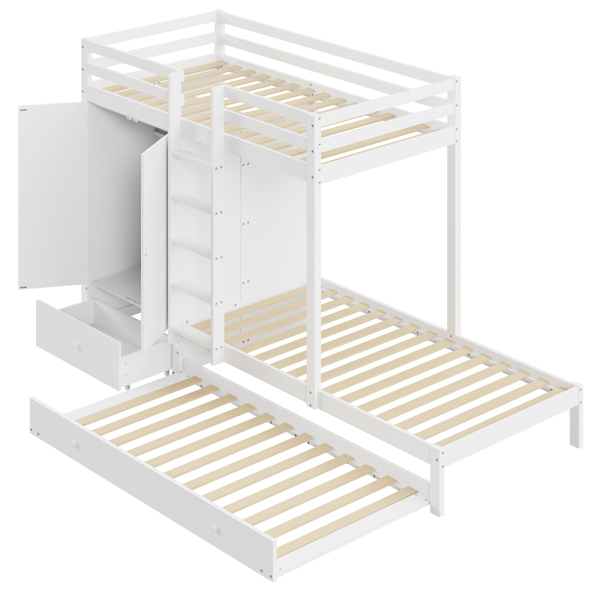 Bunk Bed 90x200 with Pull-Out Bed & Storage, Solid Wood, White