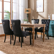 Upholstered Velvet Dining Chairs, Button Tufted with Solid Wood Legs, Riveted Trim & Knocker Ring, Set of 4, Black