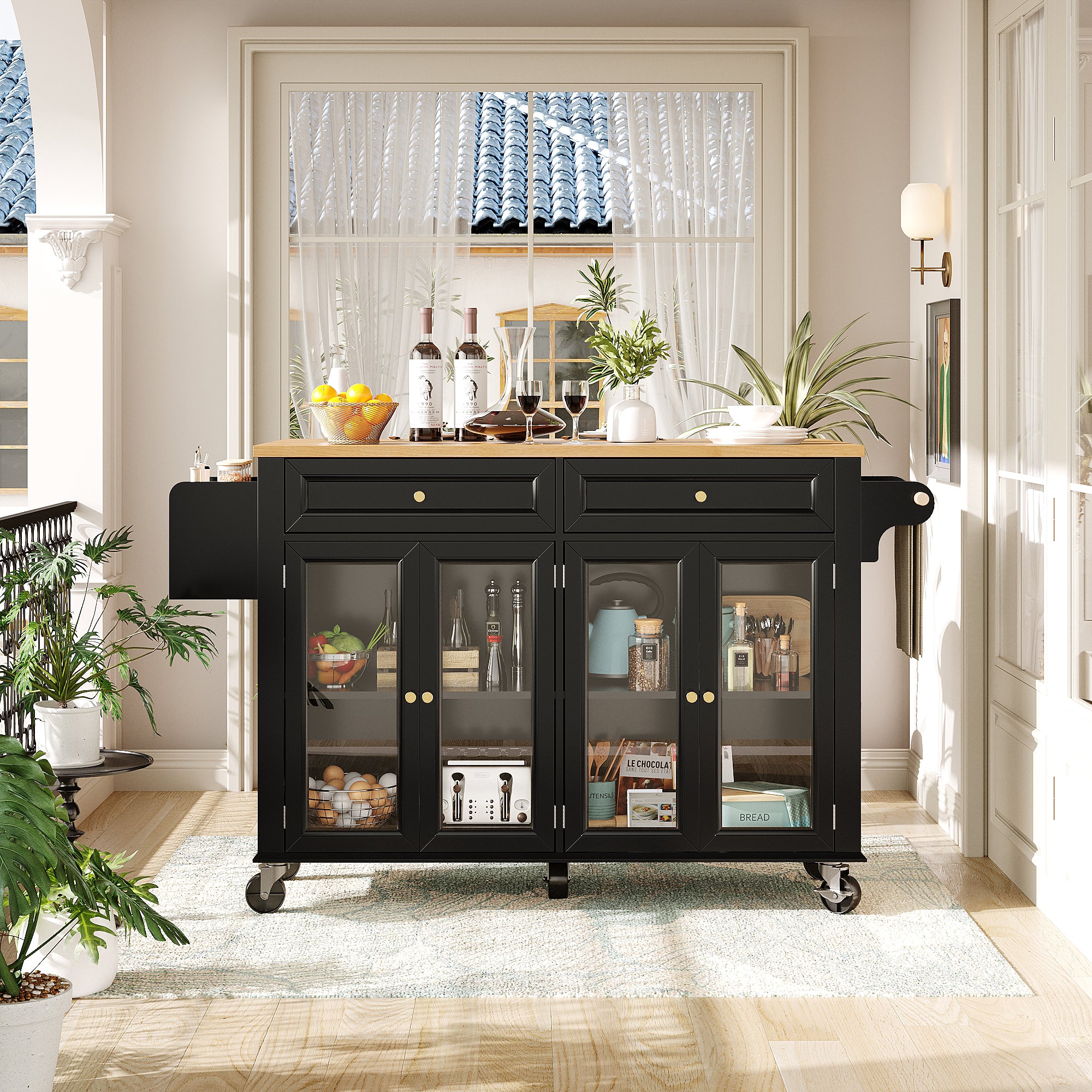 Kitchen Island Serving Trolley Mobile with Wheels Glass Doors Storage Black