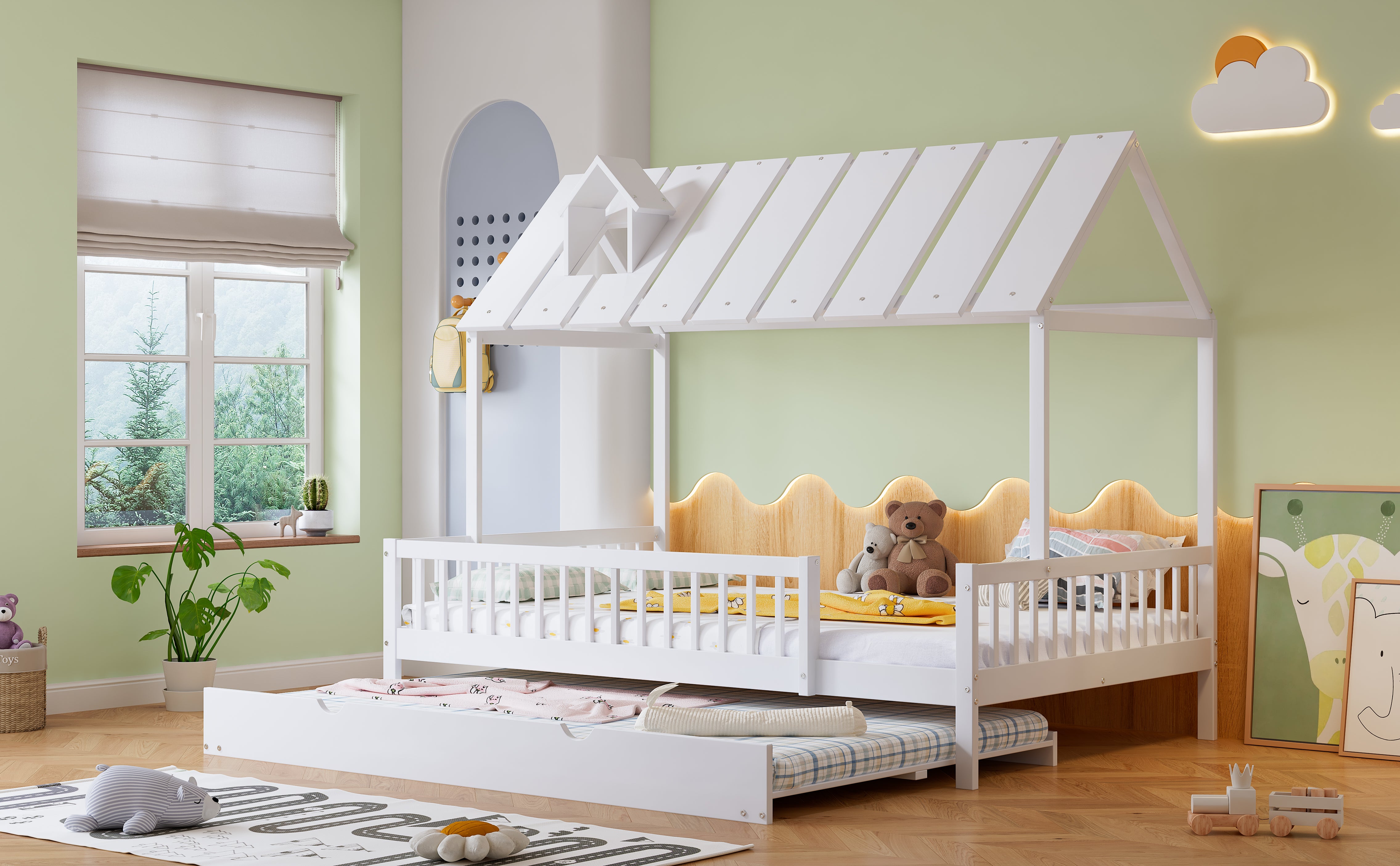 House Bed, Trundle Bed with Chimney, 3-Sided Rail, Pine+MDF, White