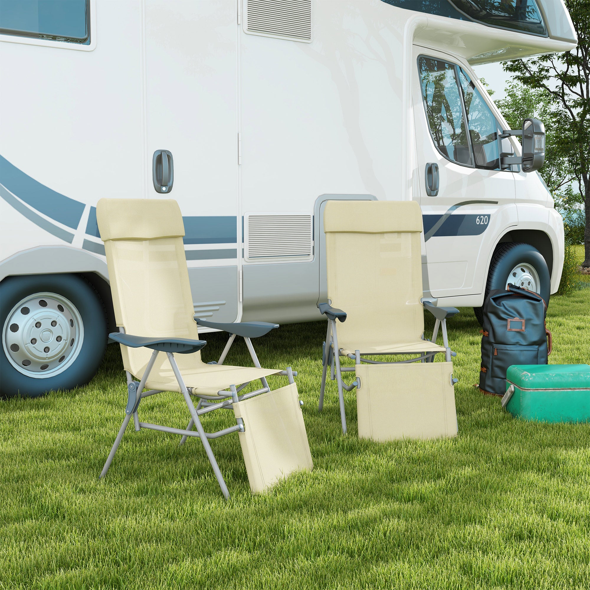 Sun Loungers, Set of Two, Five-Position Adjustable Backs - Beige