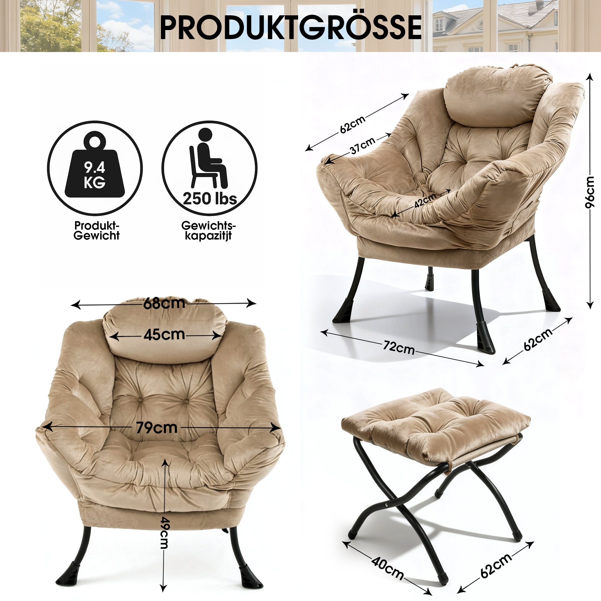 Armchair with Footstool, Recliner & Side Pocket, Khaki