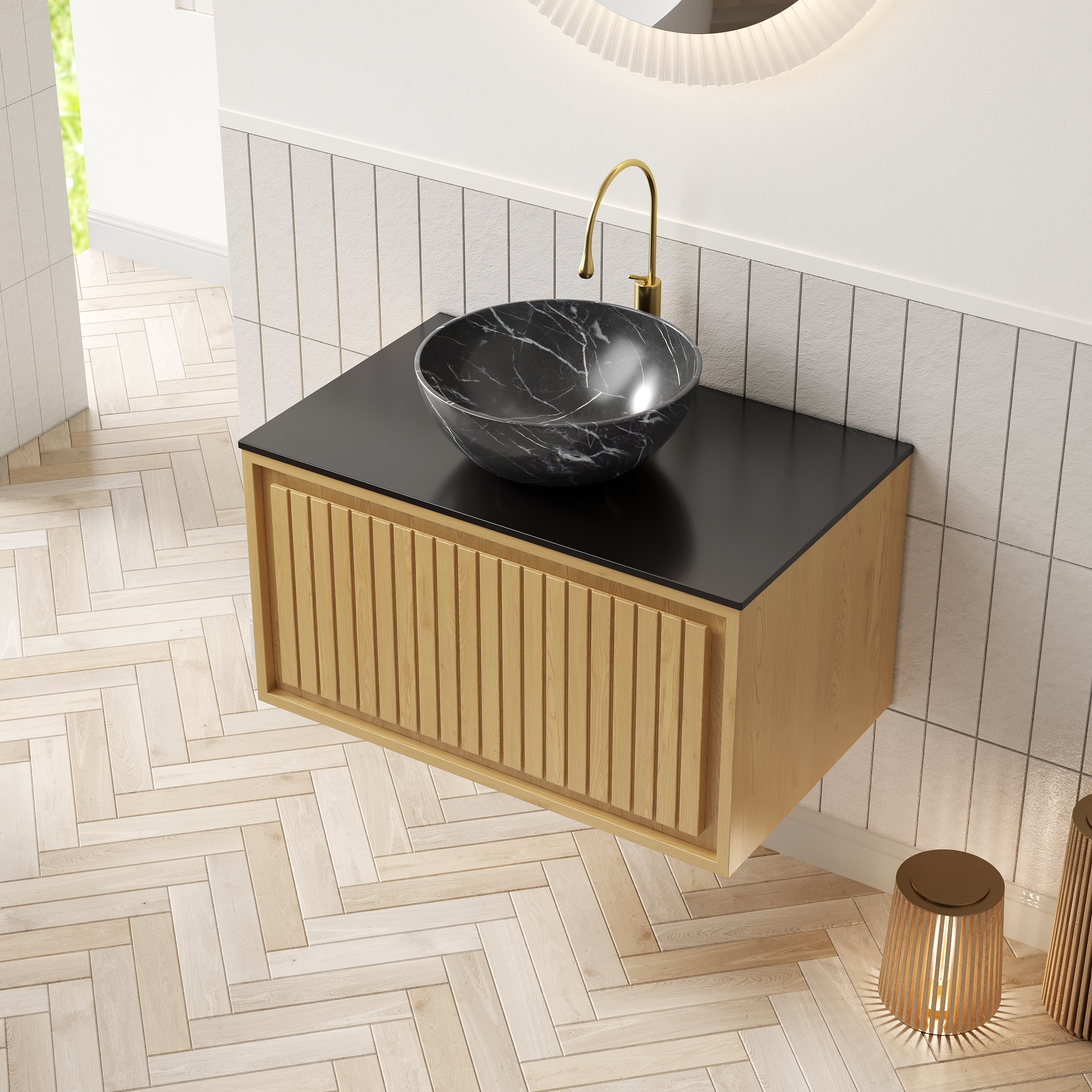 KOLAS Wall-Mounted Sink & Cabinet with Drawer, 61cm - Black Ceramic & Oak Wood Grain