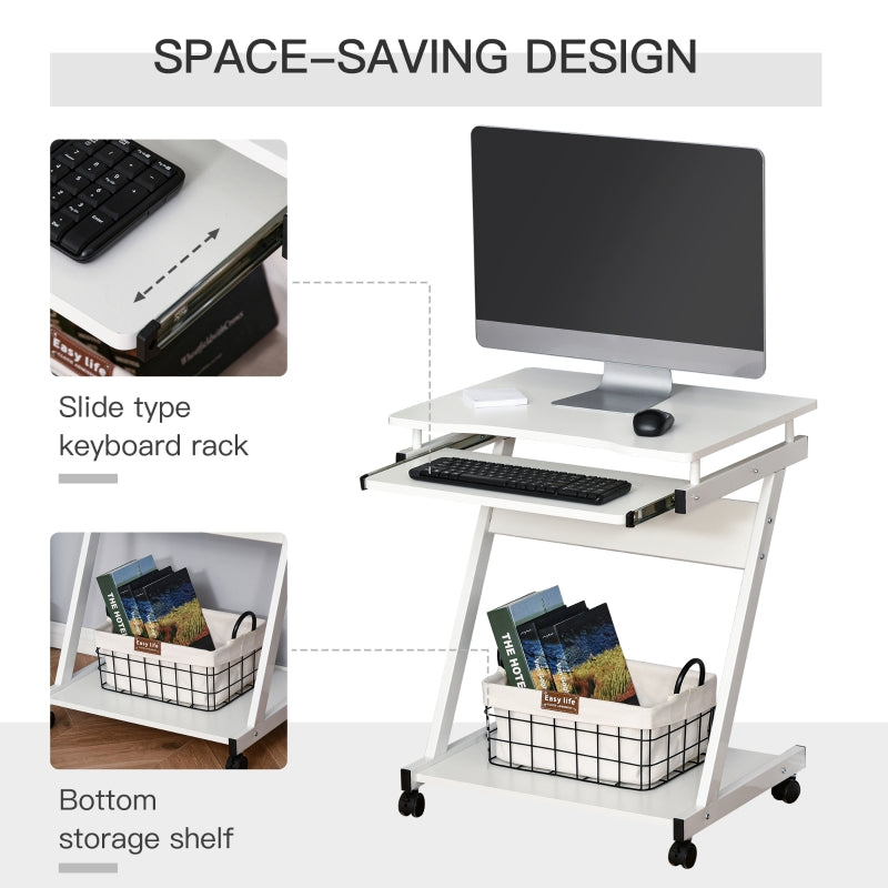 Movable Computer Desk 4 Wheels Sliding Keyboard Tray White