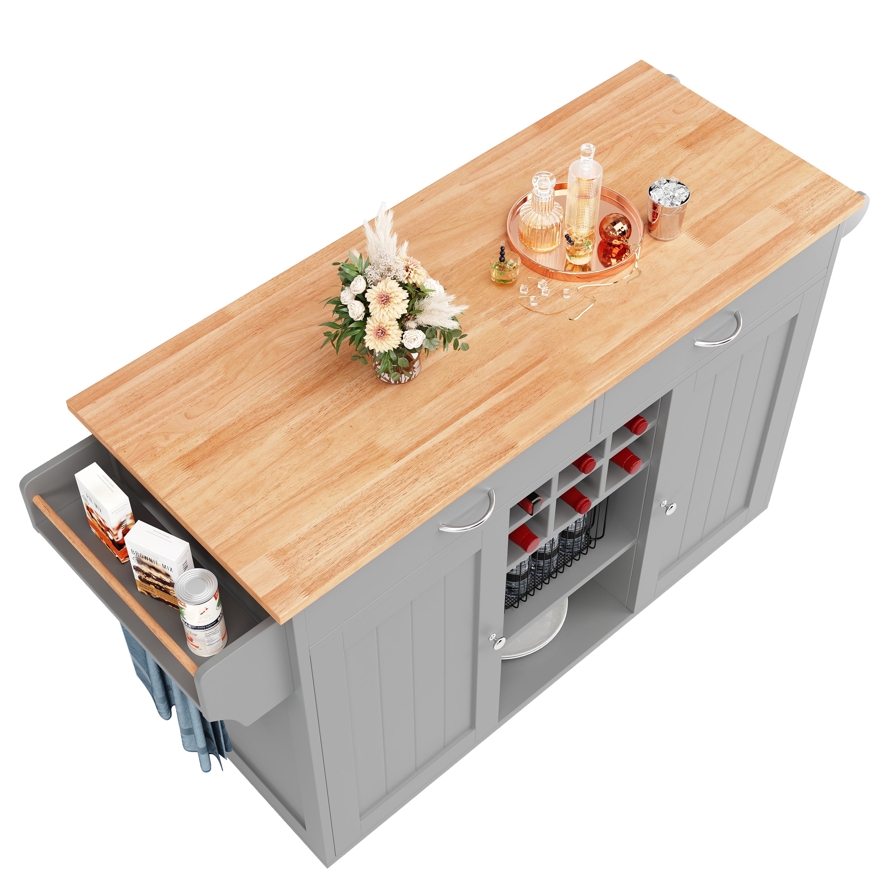 Kitchen Island Multifunctional Dining Table Storage Wood Grain - Grey