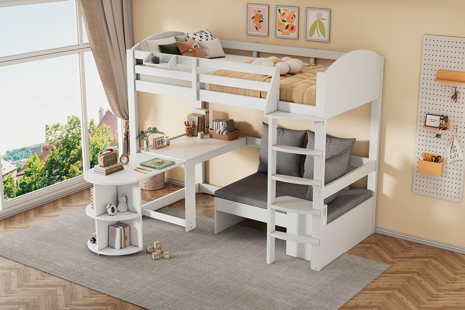 Children's Bunk Bed Multifunctional Ladder Pull-out Table Storage Sofa 90x200, White