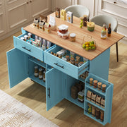 Dining Cart Sideboard Extendable Folding Worktop Storage Wheels - Blue/Wood Grain