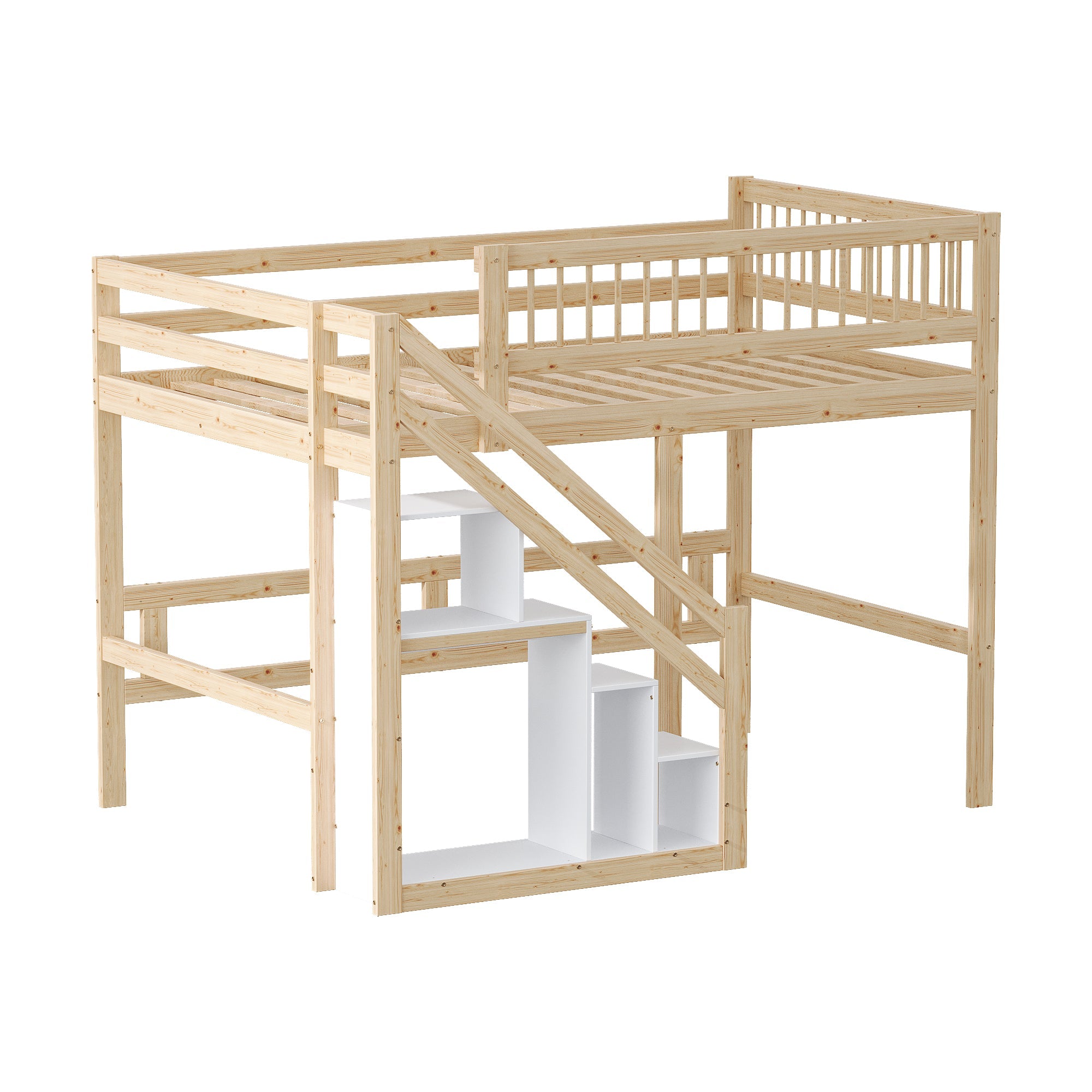 Solid wood bed 140*200, stairs with storage, high railing, wood colour