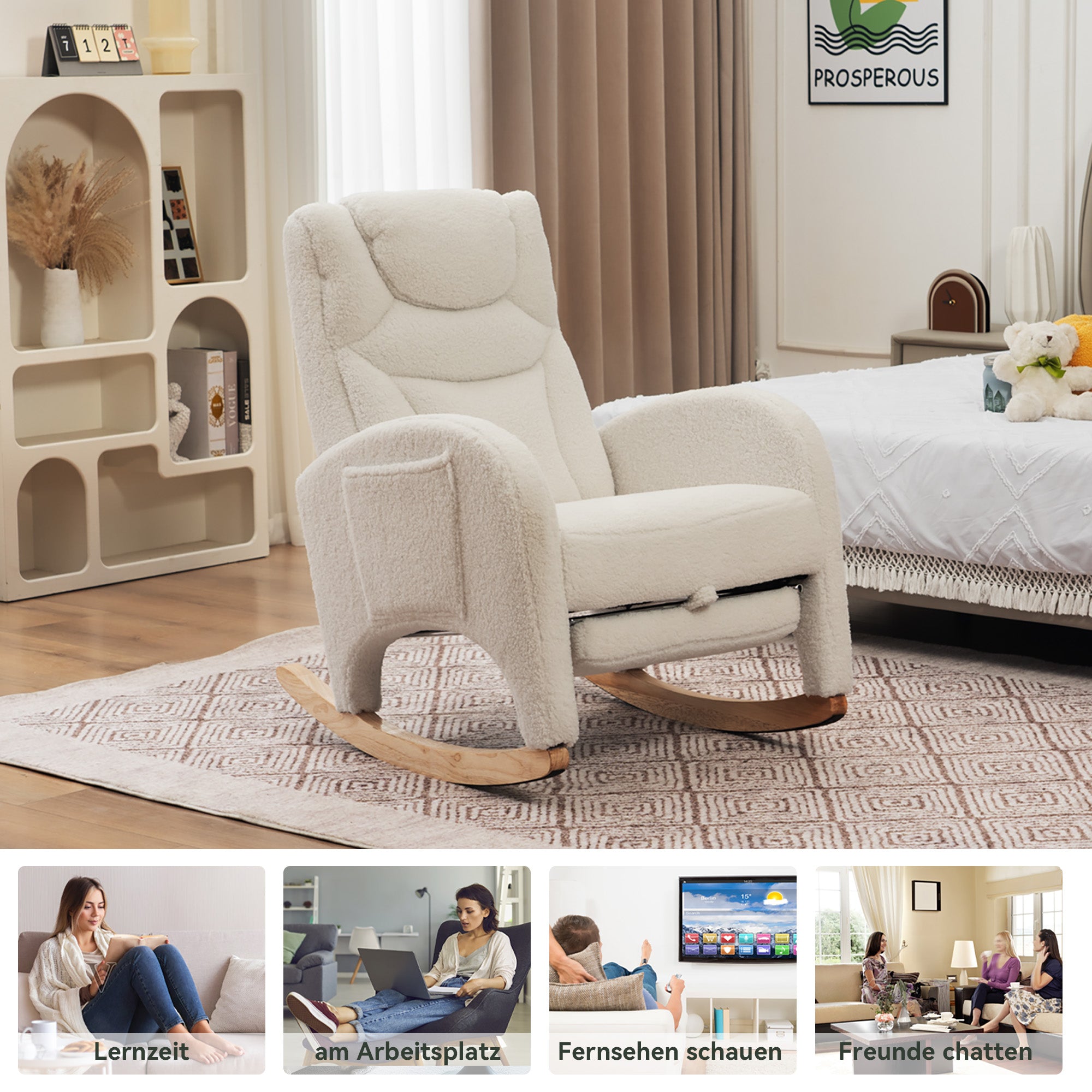 052 Rocking Chair, Upholstered with Armrest, 110 kg, White Teddy Fabric