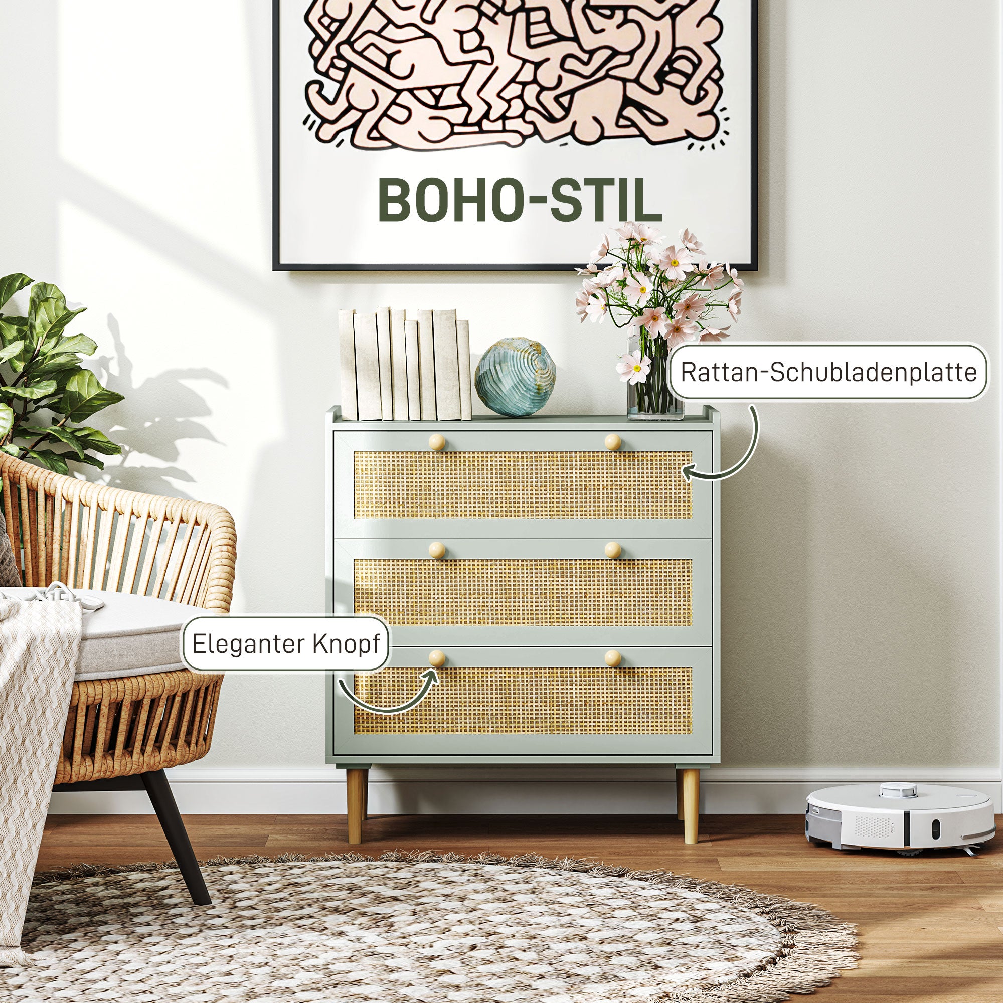 Chest of Drawers/Sideboard, 3 Drawers Boho Rattan Look, Light Blue