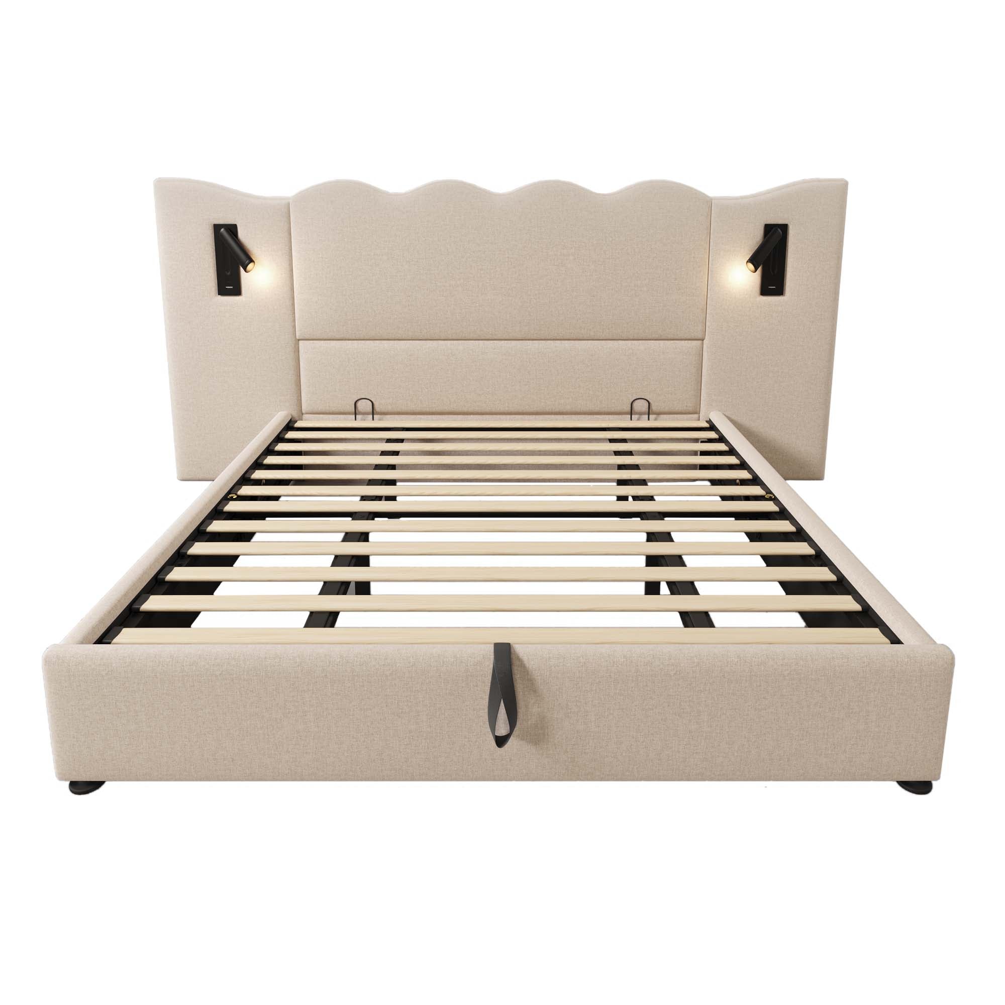 Upholstered Double Bed 180x200 with Reading Lamp and USB-C Charging, Storage Bed Frame, Beige Linen