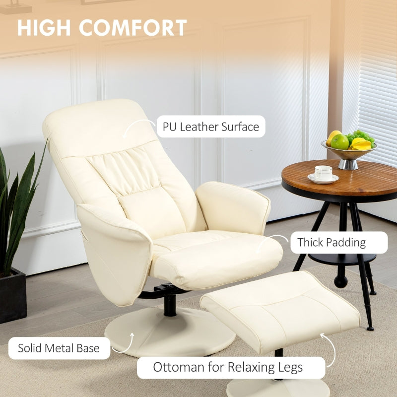 Swivel Recliner Chair with Footstool, High Back PU Leather, Cream White