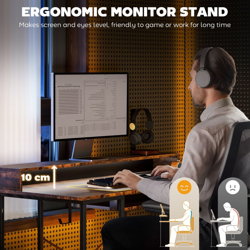 Computer Desk, LED Lights Power Outlets Monitor Stand Storage, Rustic Brown