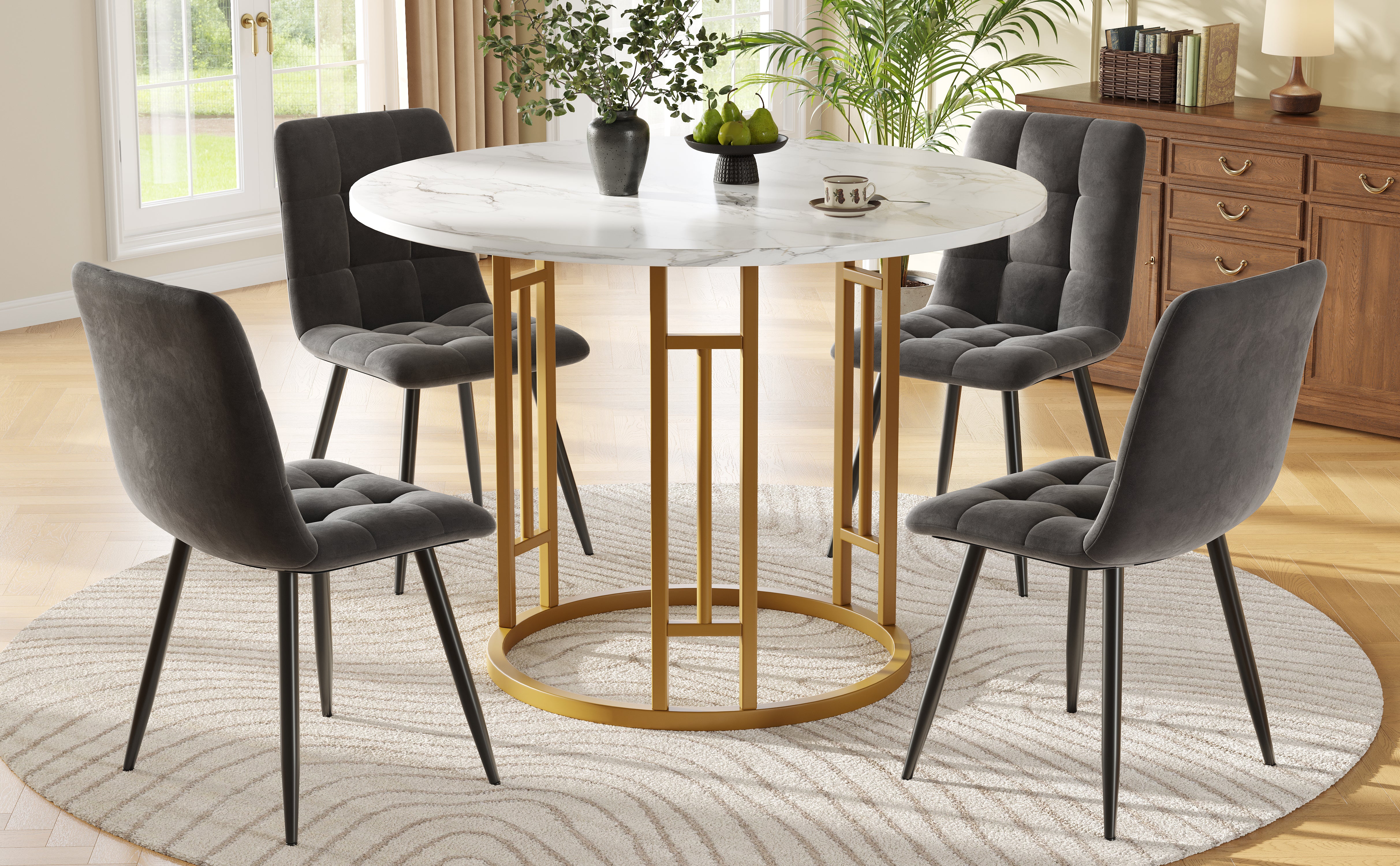 Dining Table Set, 5-Piece Round with 4 Chairs, Gold Metal Legs, Grey MDF Marble