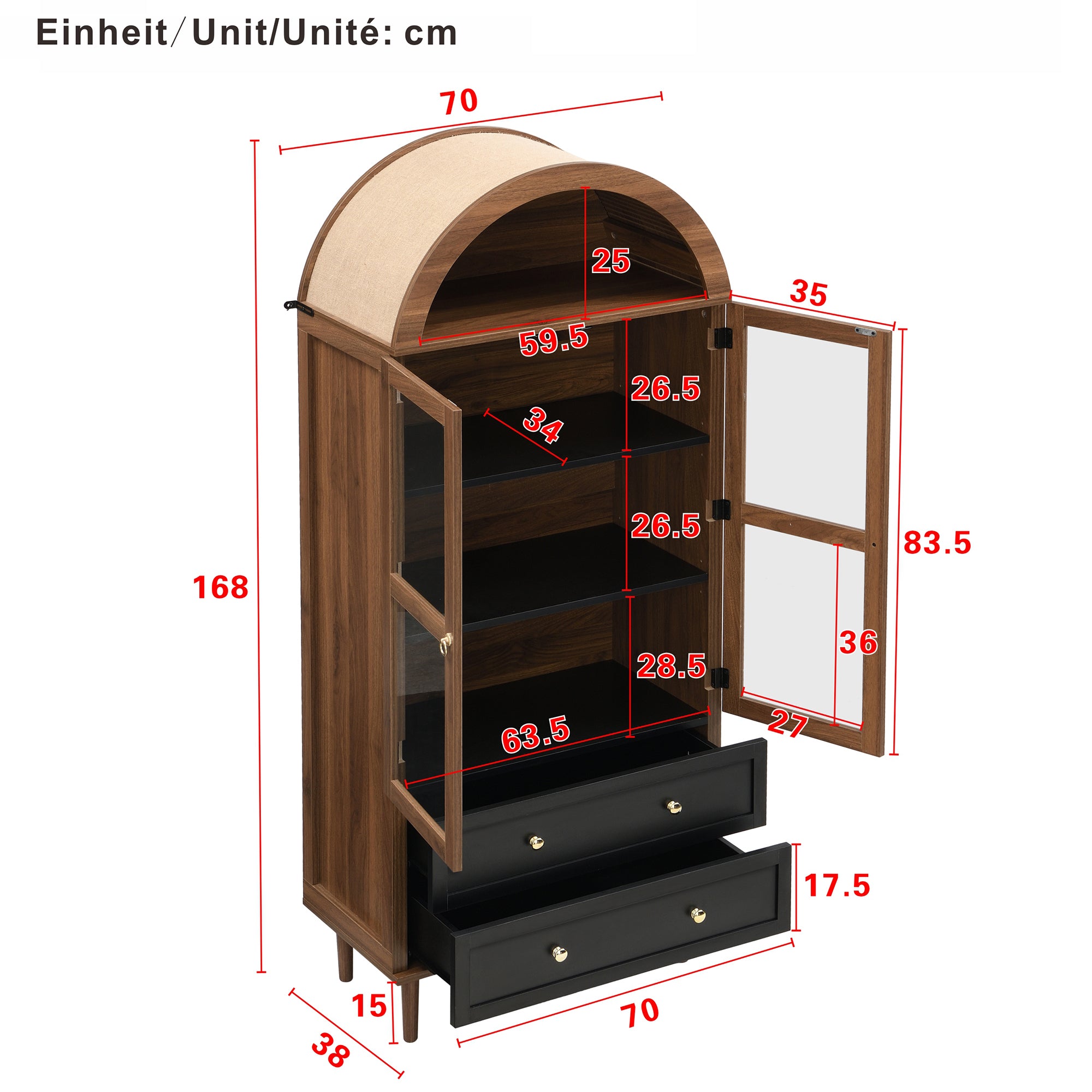 Chest of Drawers Storage Cabinet Adjustable Shelves Curved Glass Sideboard