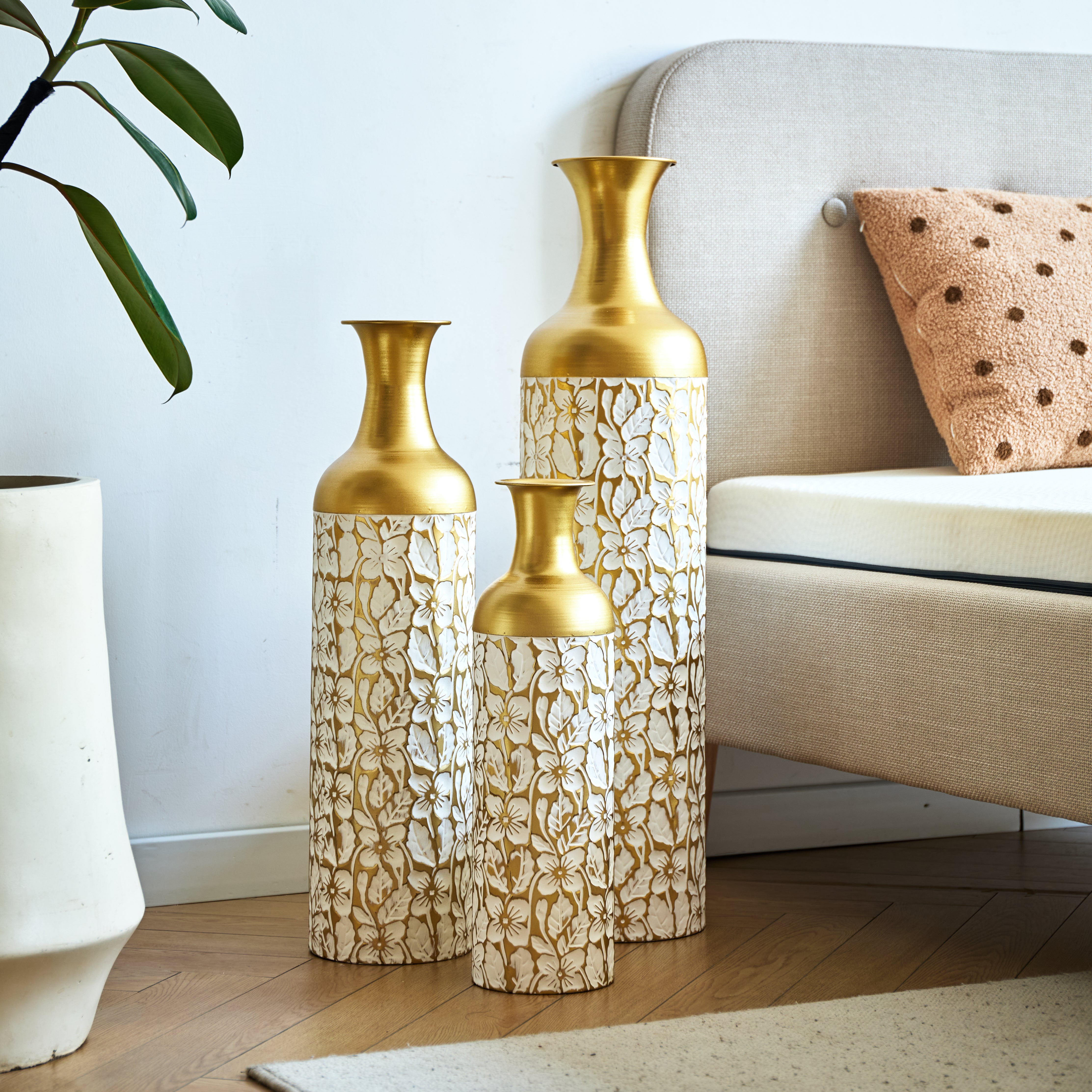 Floor Vase Set 3 Retro 83/65/50cm High White Gold Metal