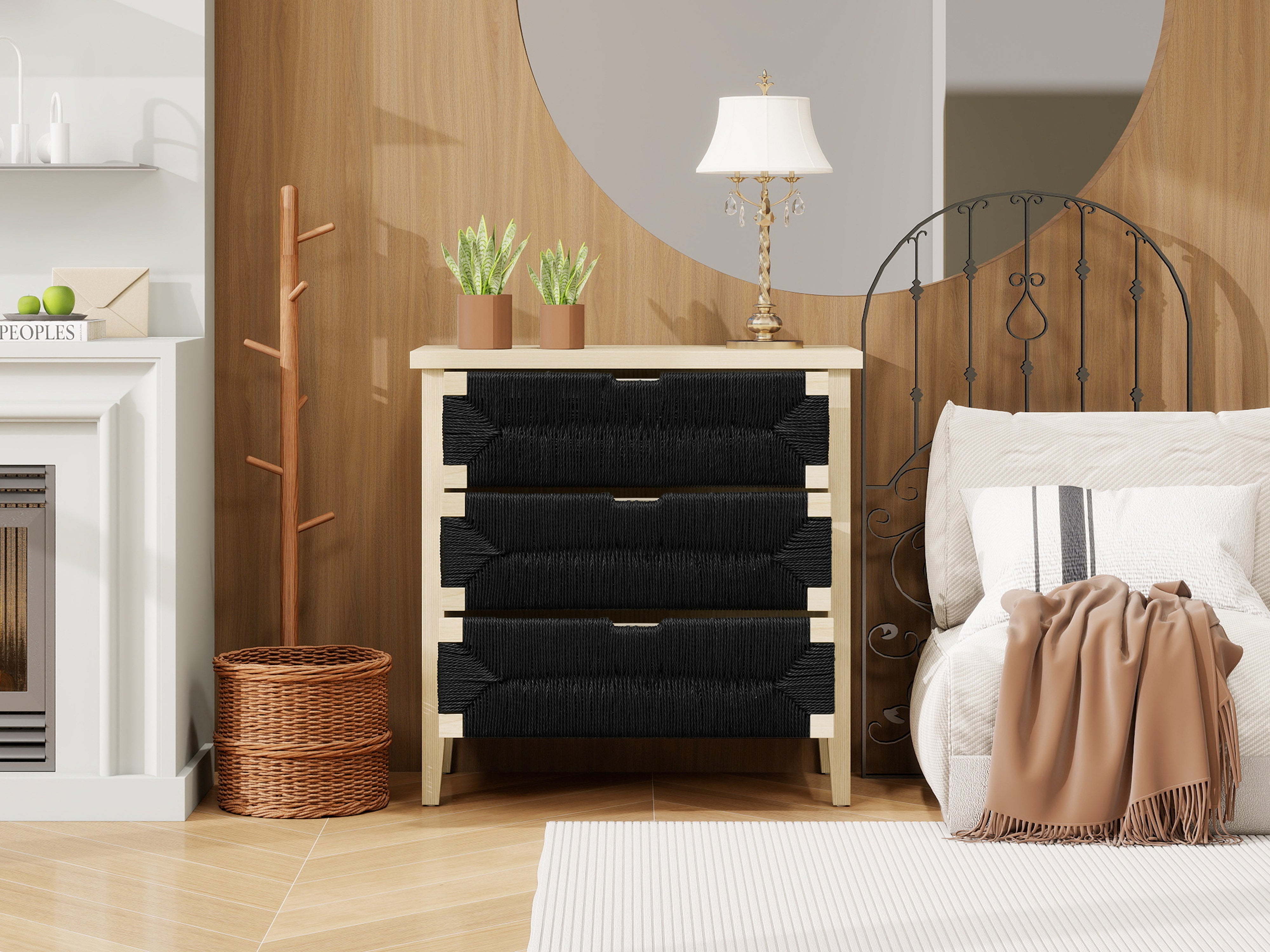 Chest of Drawers 3-Drawer Boho Rope Design 80cm - Natural Wood/Black