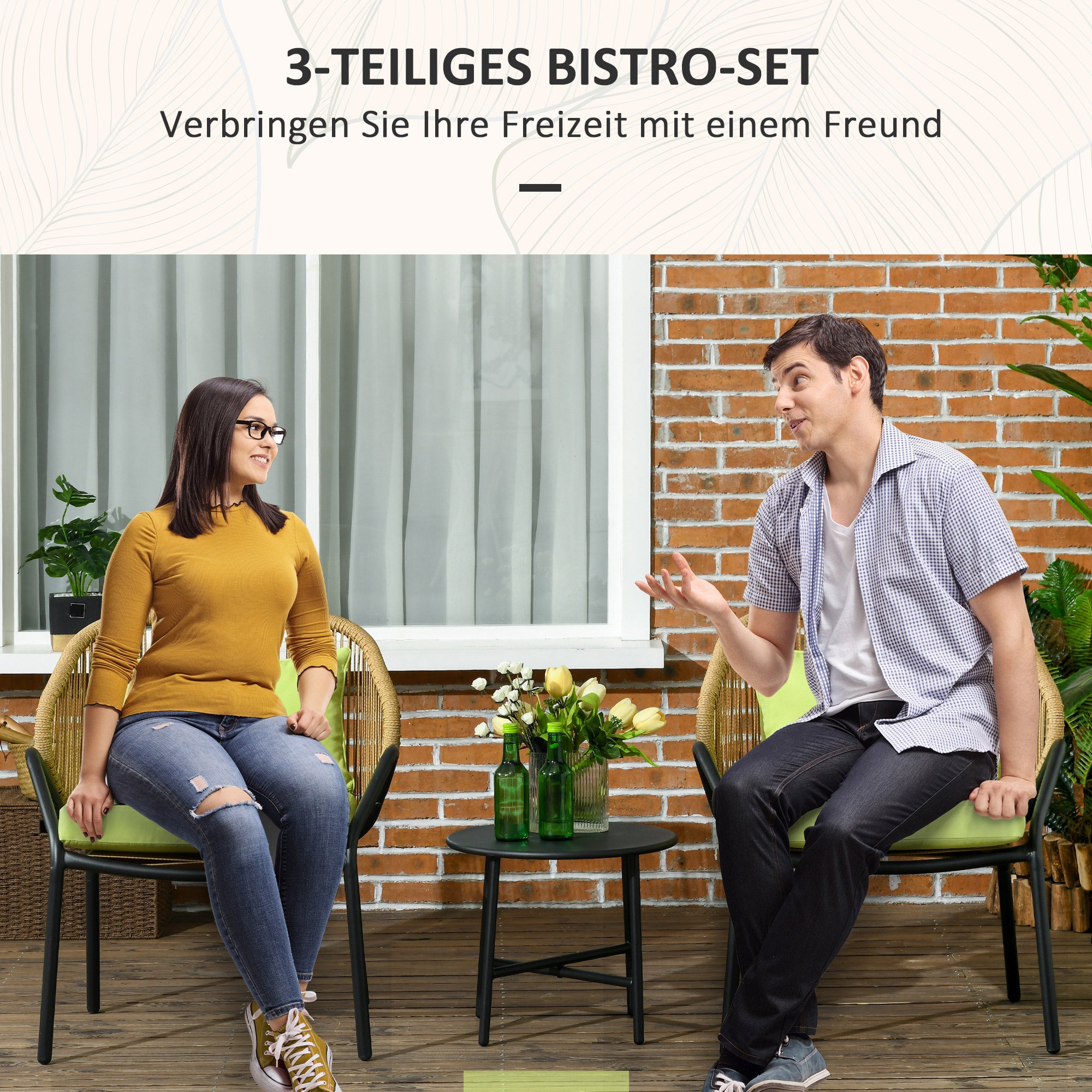 3-piece Rattan Garden Furniture Set with 2 Chairs & Side Table, Steel, Green