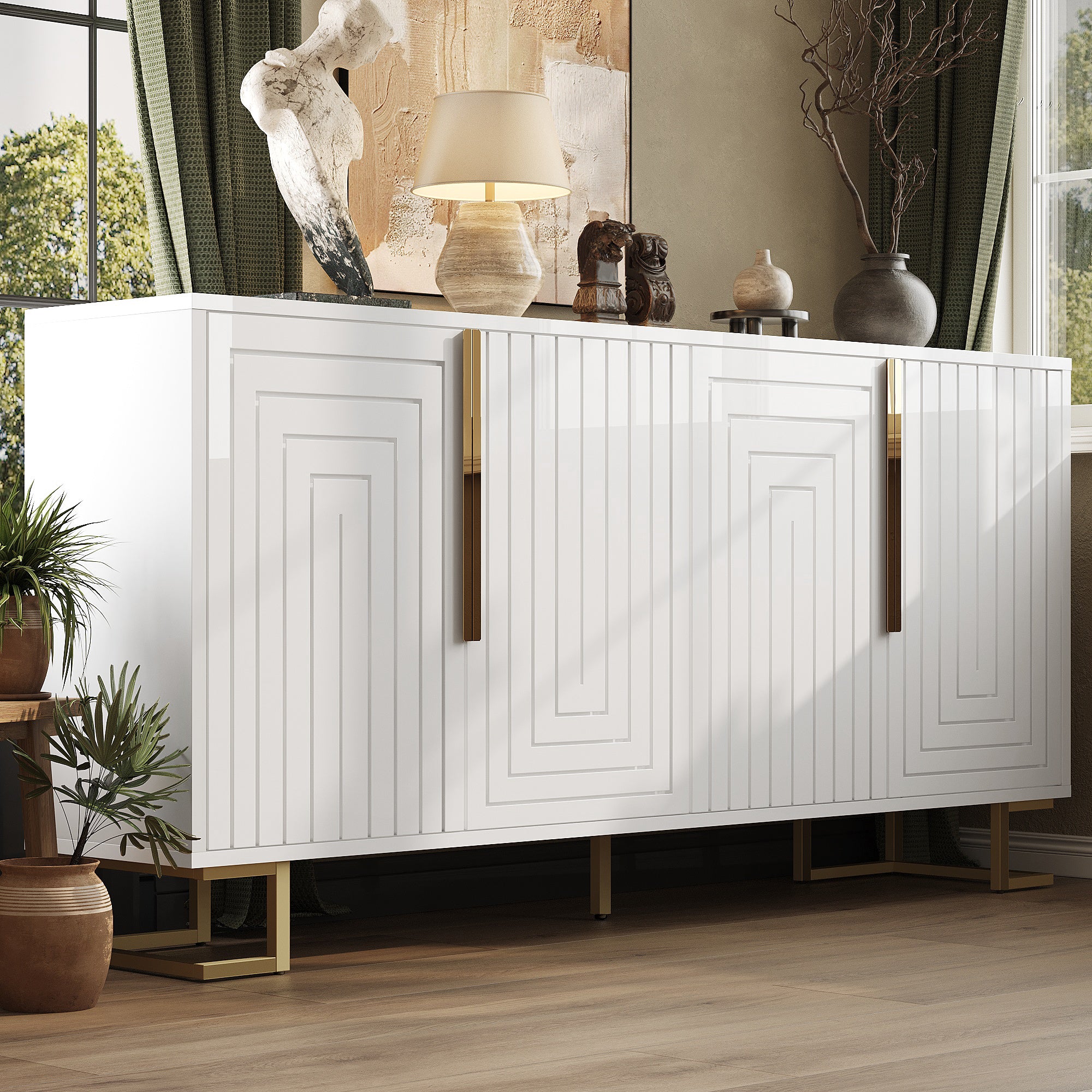 Sideboard with Geometric Design and Gold Handles, 152 x 40 x 75 cm, White