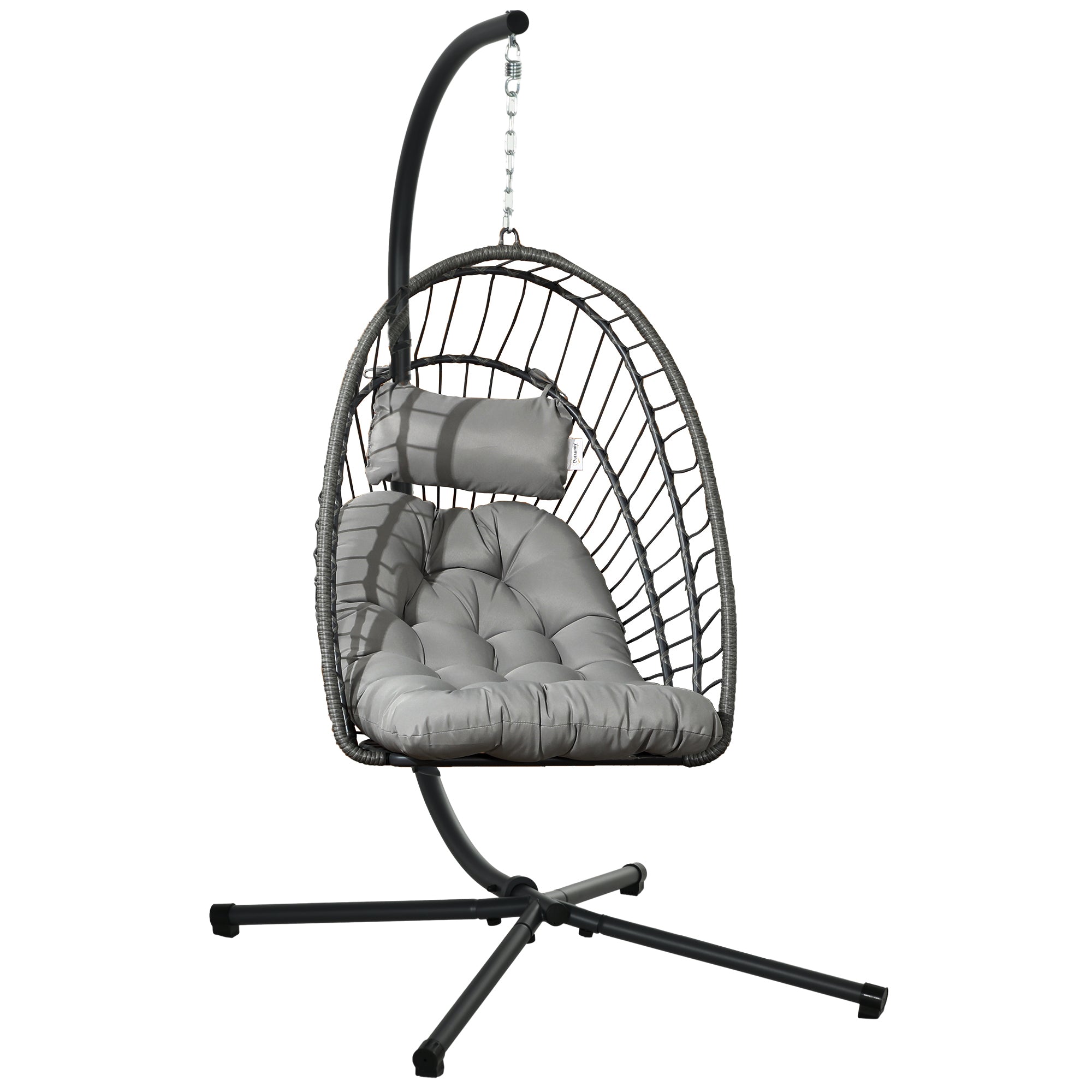Rattan Hanging Chair Swing Basket Foldable with Frame and Cushion Light Grey