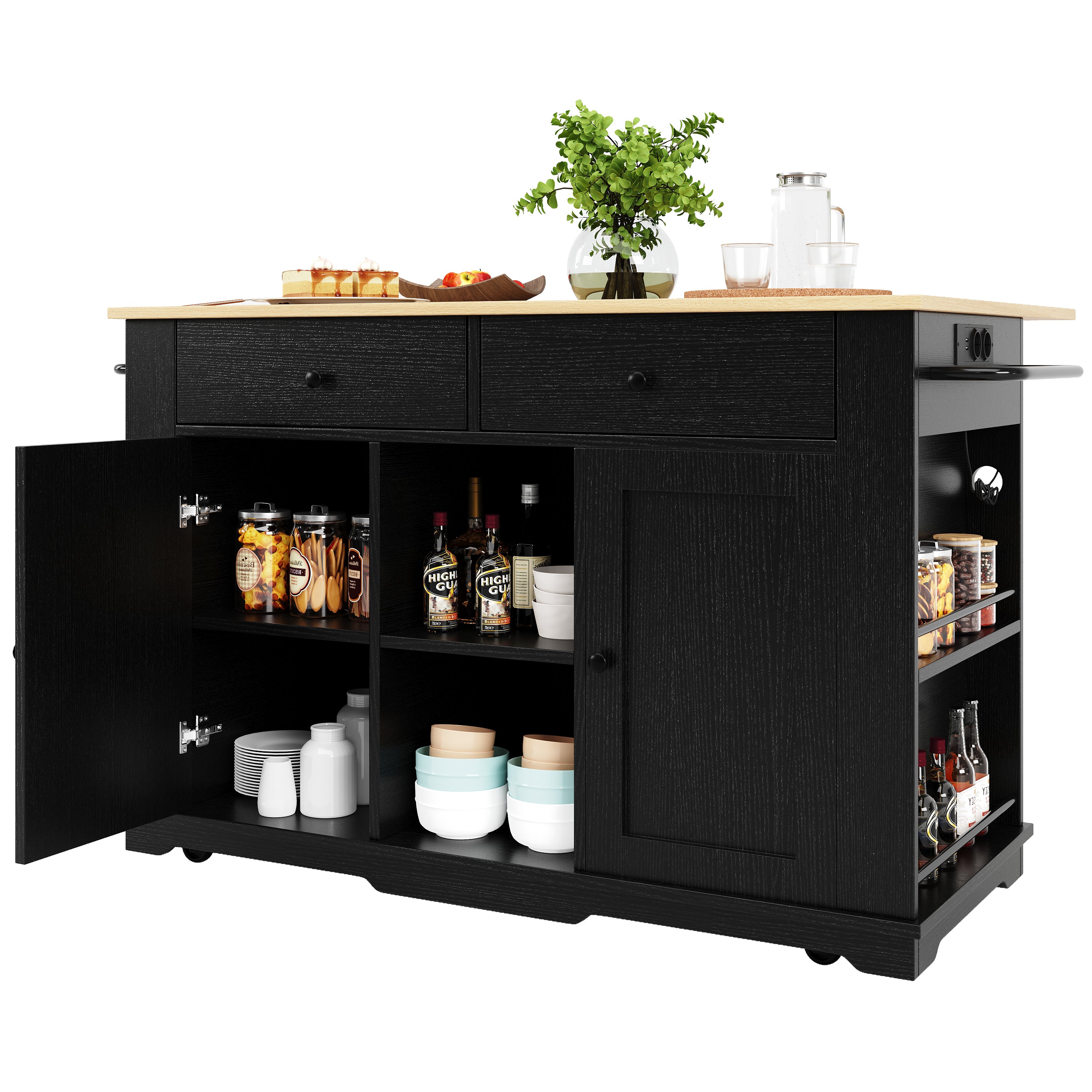 Kitchen Island Trolley Worktop Power Strip Wood Grain Storage - Black