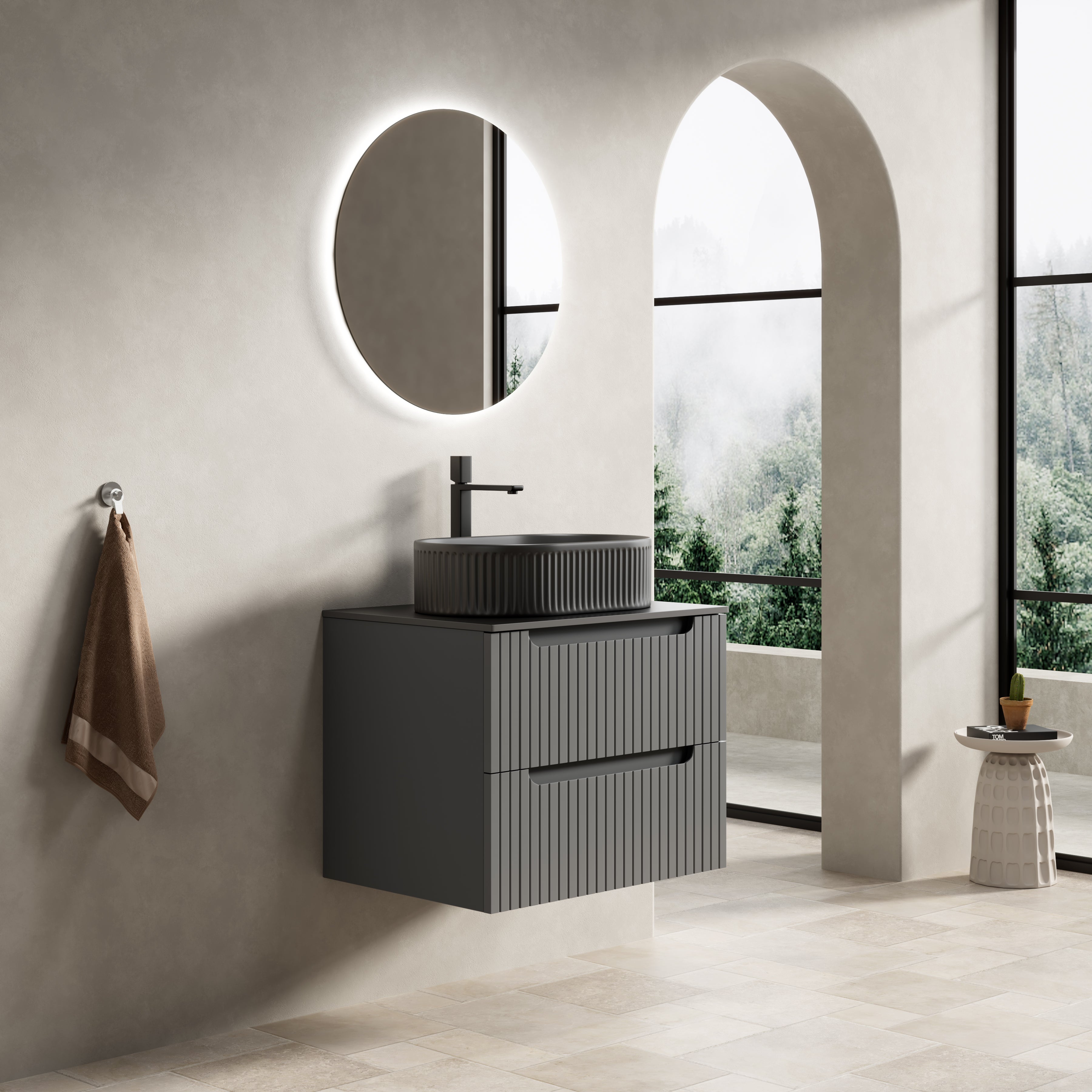 Floating Bathroom Vanity Unit with Oval Sink and Sintered Stone Top, Dark Grey
