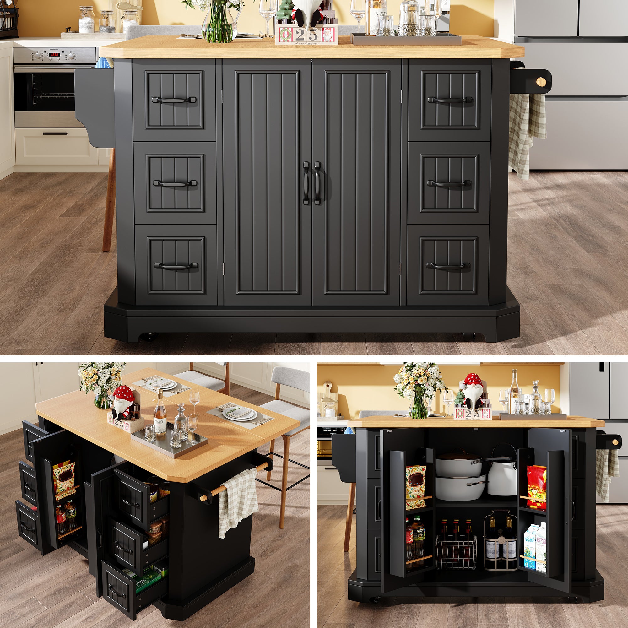 Mobile Kitchen Island with 2 Doors and 6 Drawers, White and Black