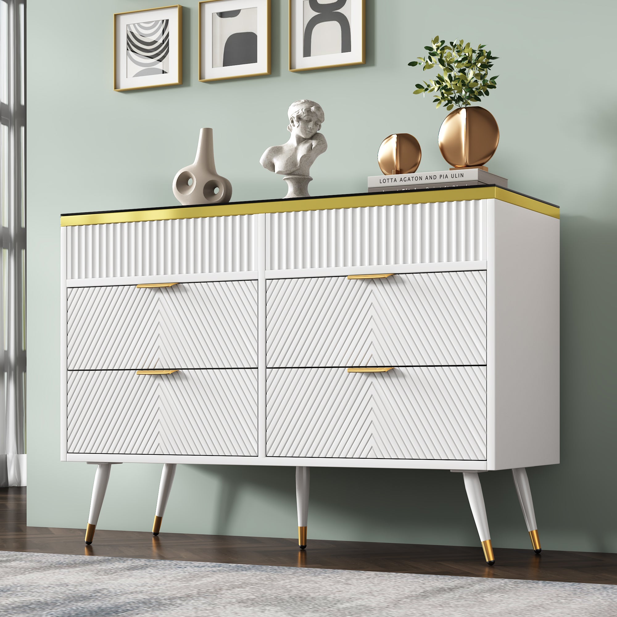 Sideboard, 6-Drawer Amber Glass, White