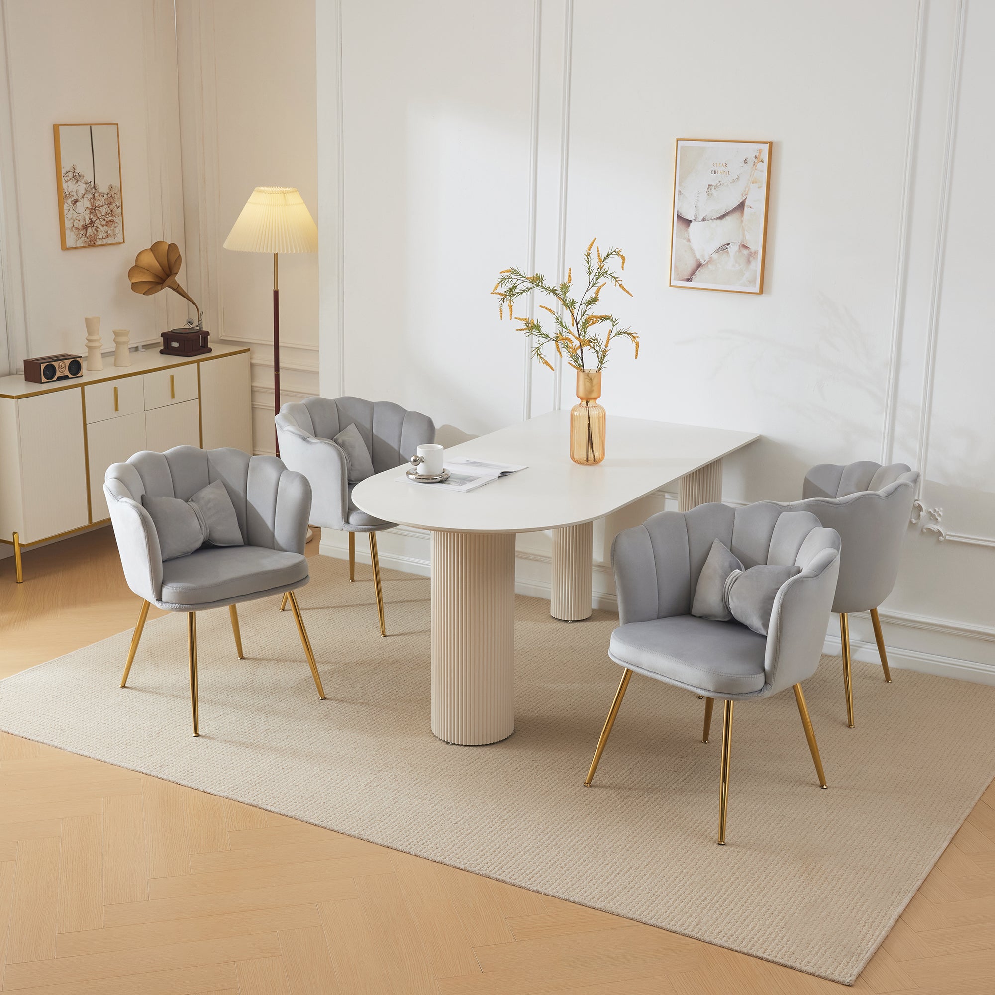 Chairs, Set of 4 Velvet Upholstered with Petal Back & Gold Legs, Modern