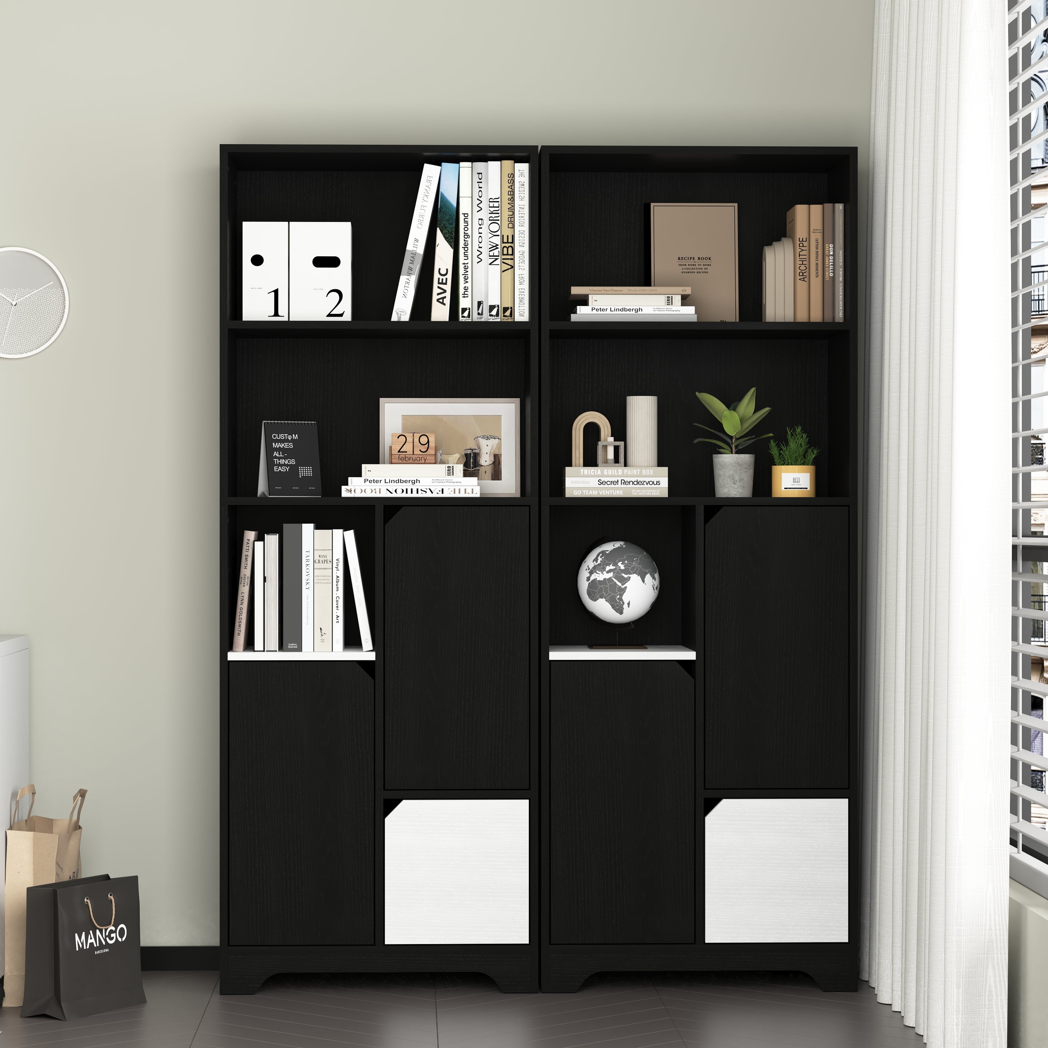 Multifunctional Bookcase Storage Cabinet, Open Storage Doors Drawers, Black and White